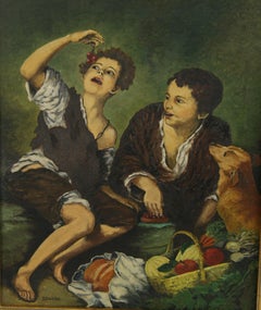 Figuratif européen ancien de jeunes garçons italiens avec chien  Peinture à l'huile des années 1920