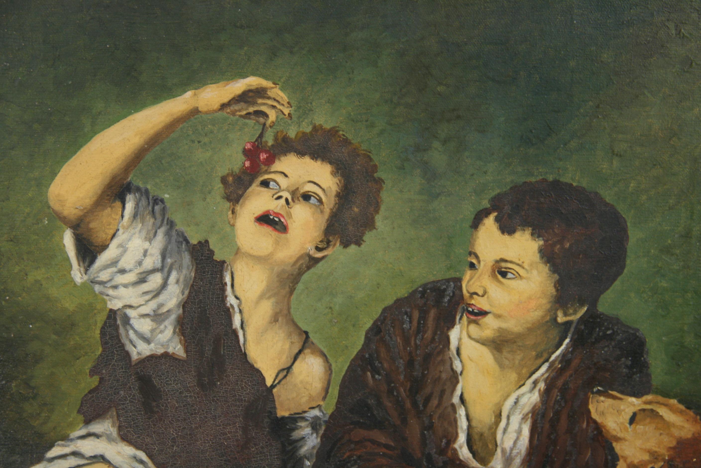 Jeunes garçons italiens avec chien Figurative  Peinture à l'huile des années 1920 - Painting de B.Bauman