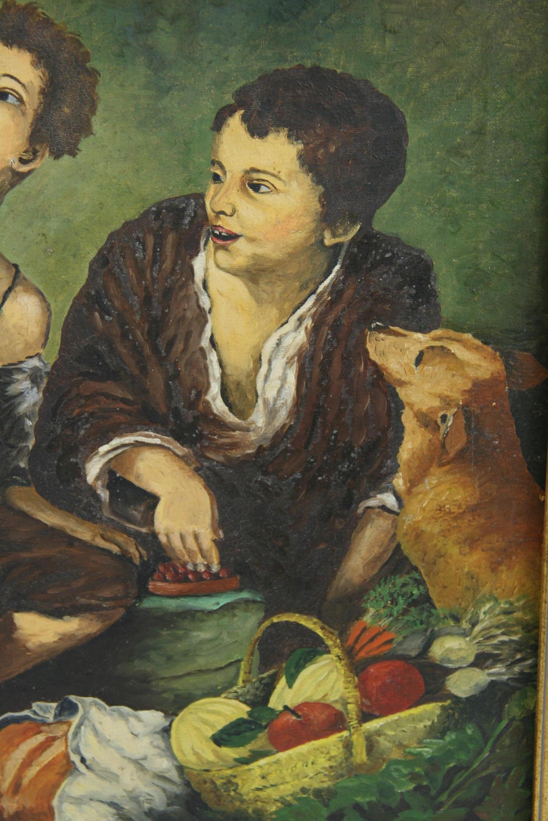 Jeunes garçons italiens avec chien Figurative  Peinture à l'huile des années 1920 - Noir Figurative Painting par B.Bauman
