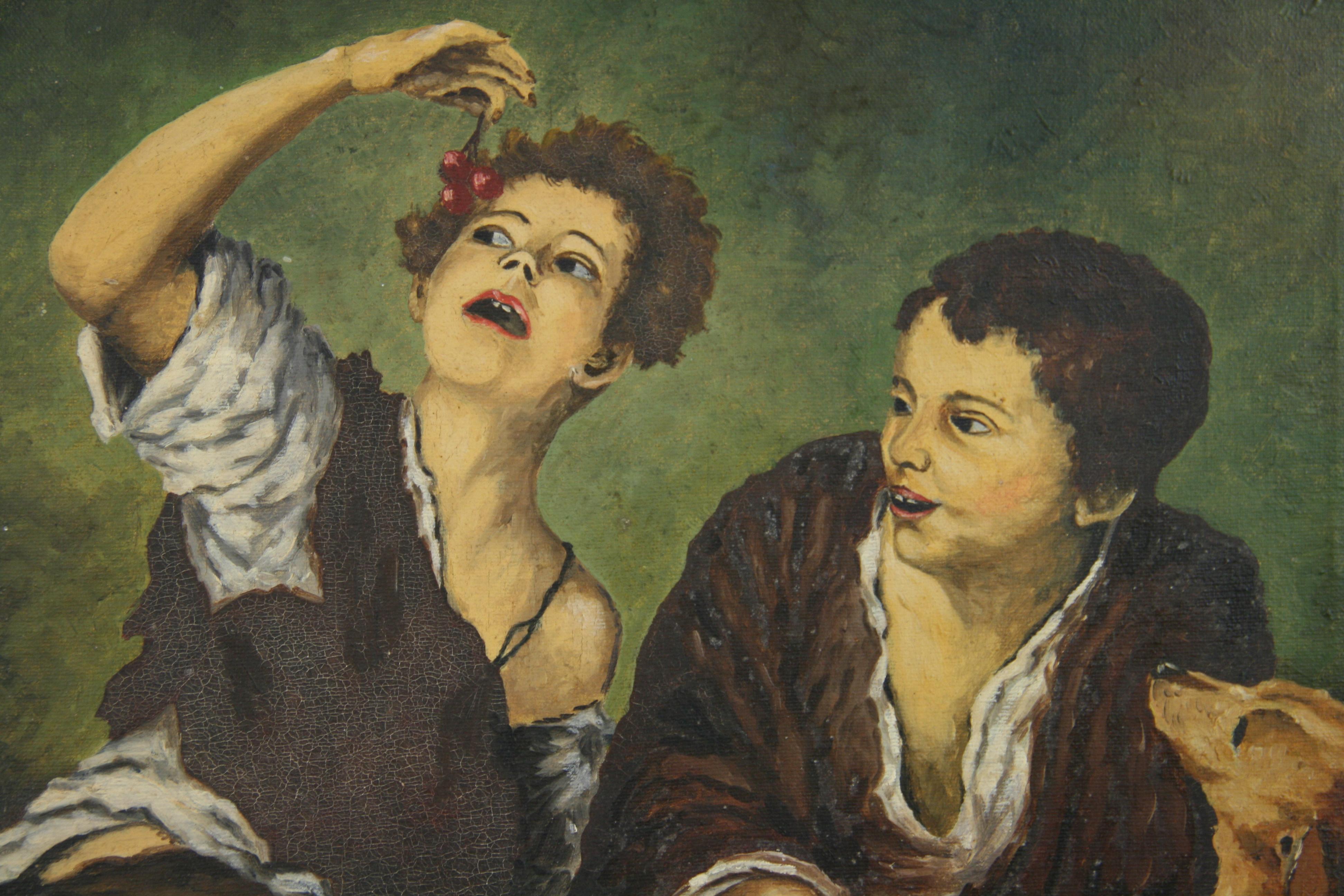 Jeunes garçons italiens avec chien Figurative  Peinture à l'huile des années 1920 en vente 1