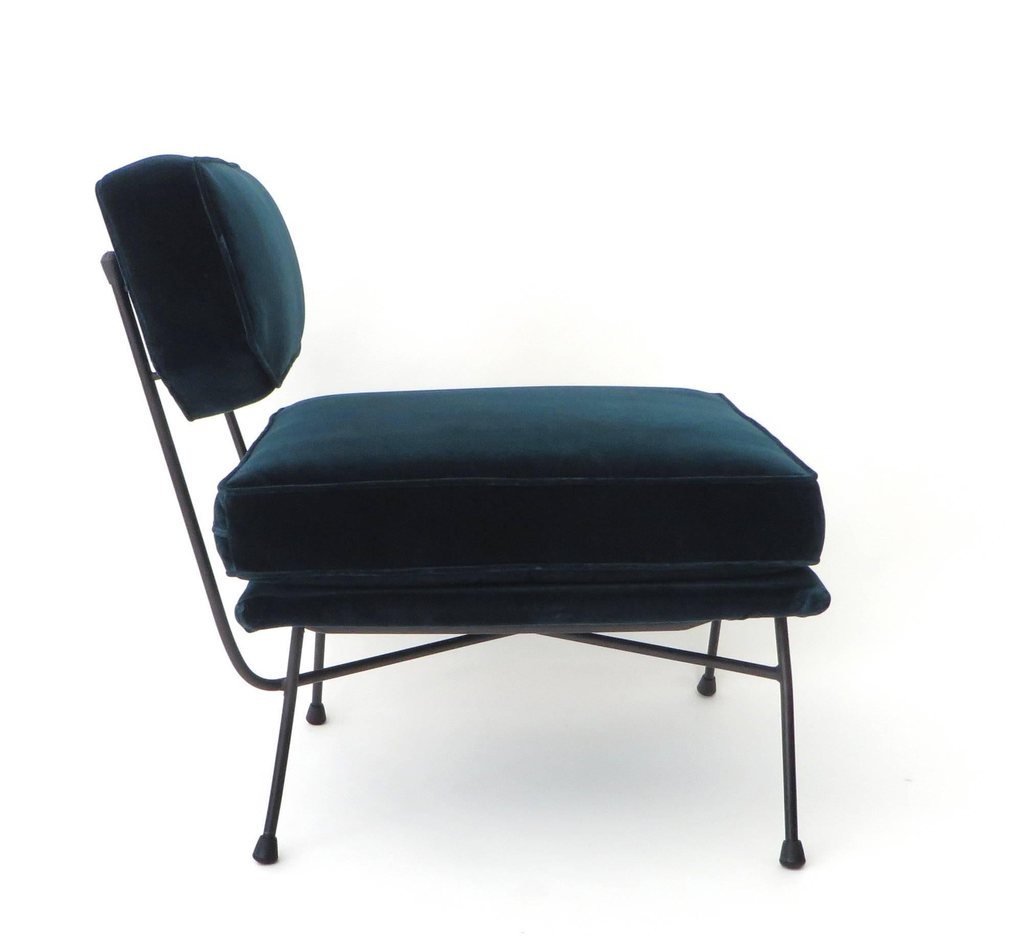 Italian Elletra lounge chair by B.B.P.R., Arflex, Milan, 1953. 
The structure is tubular lacquered iron, with rubber tips. New deep dark oil spot blue velvet upholstery. 
Bibliography: Domus, n. 324, novembre 1953; Domus, n. 395, ottobre 1962, p.