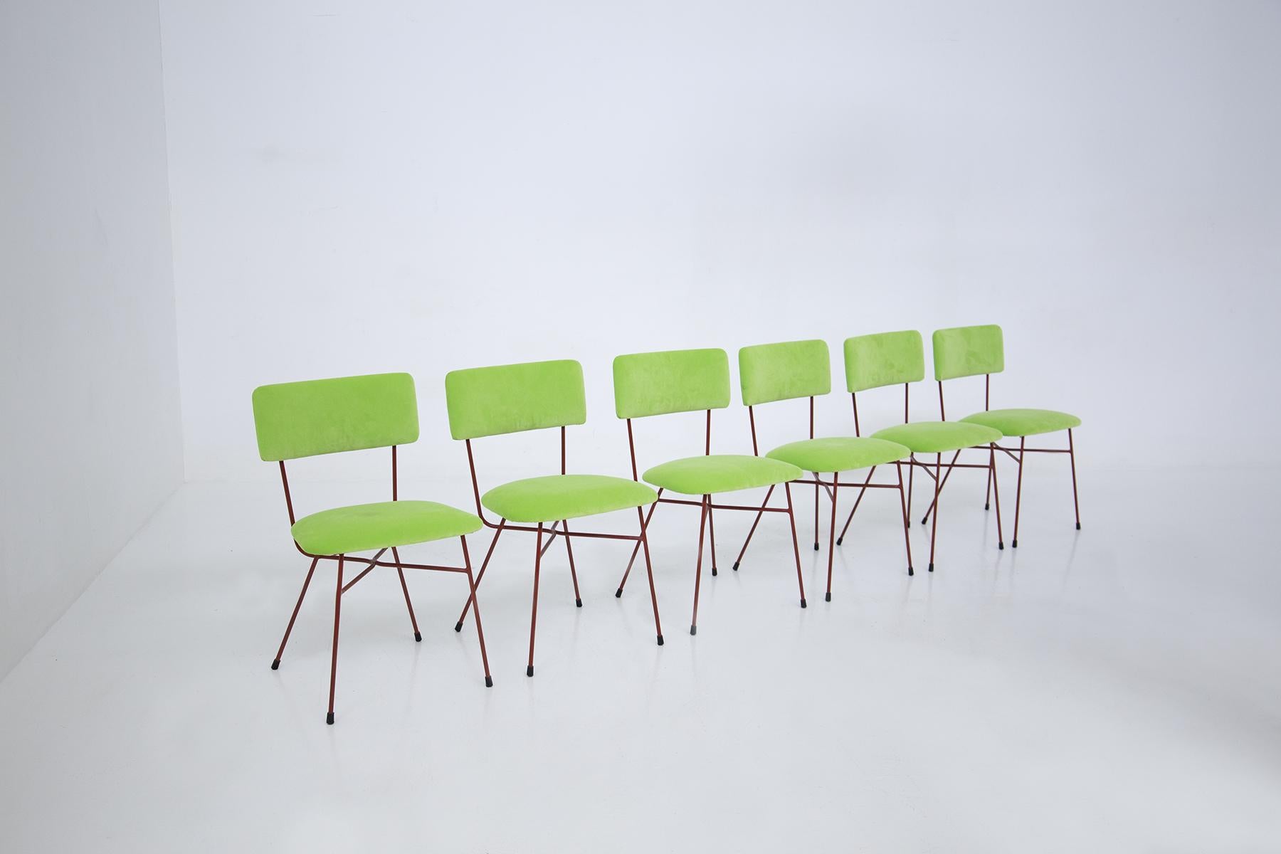 Mid-Century Modern Bbpr Chairs Set of Six in Velvet Green and Red For Sale
