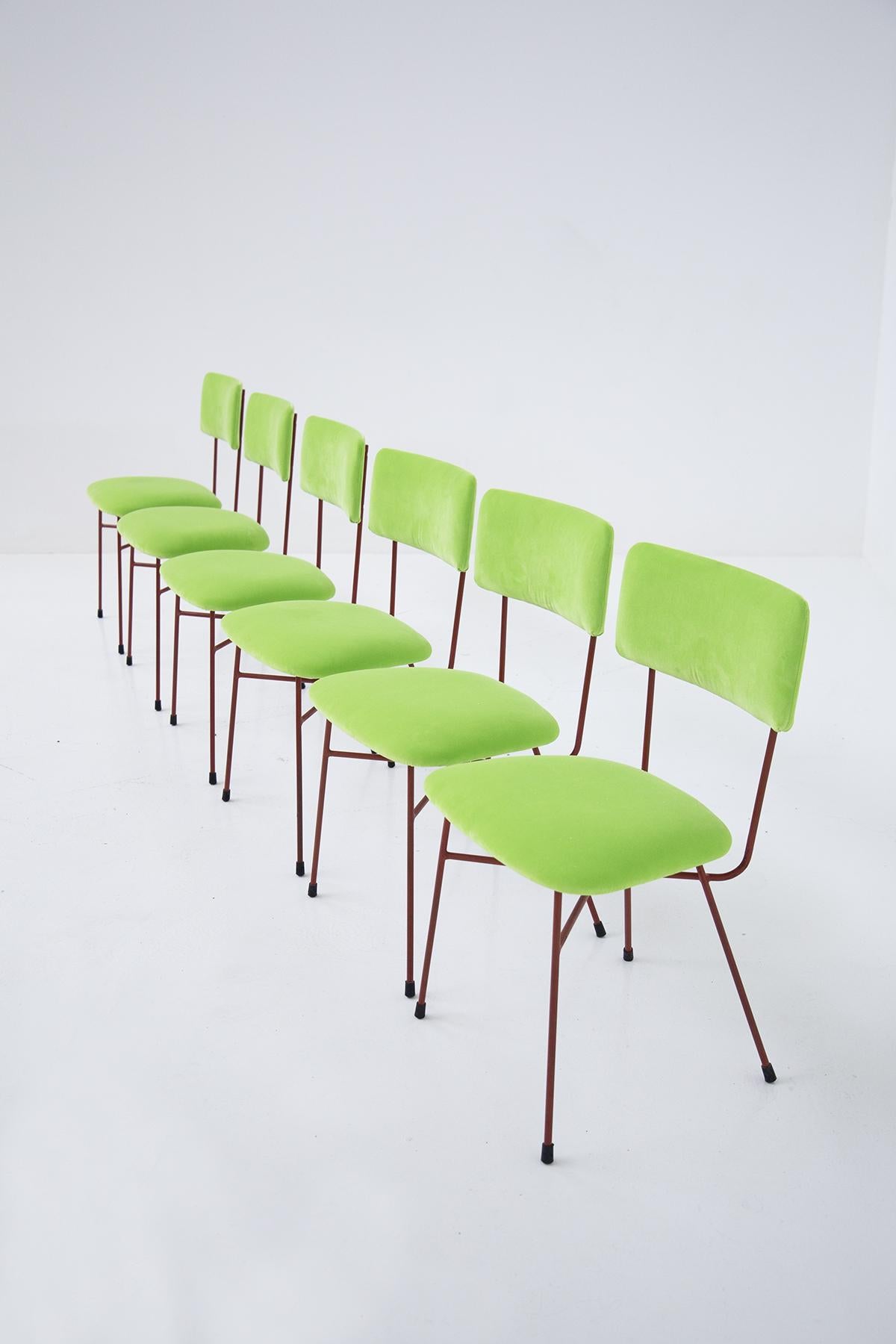 Bbpr Chairs Set of Six in Velvet Green and Red In Good Condition For Sale In Milano, IT