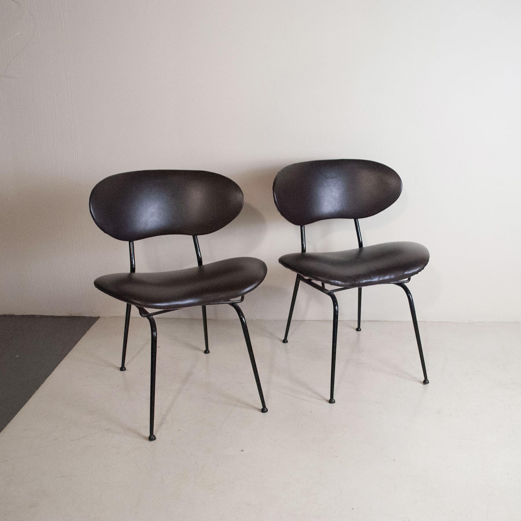 set of two chairs with black lacquered iron structure and leather seats in the BBPR Studio style