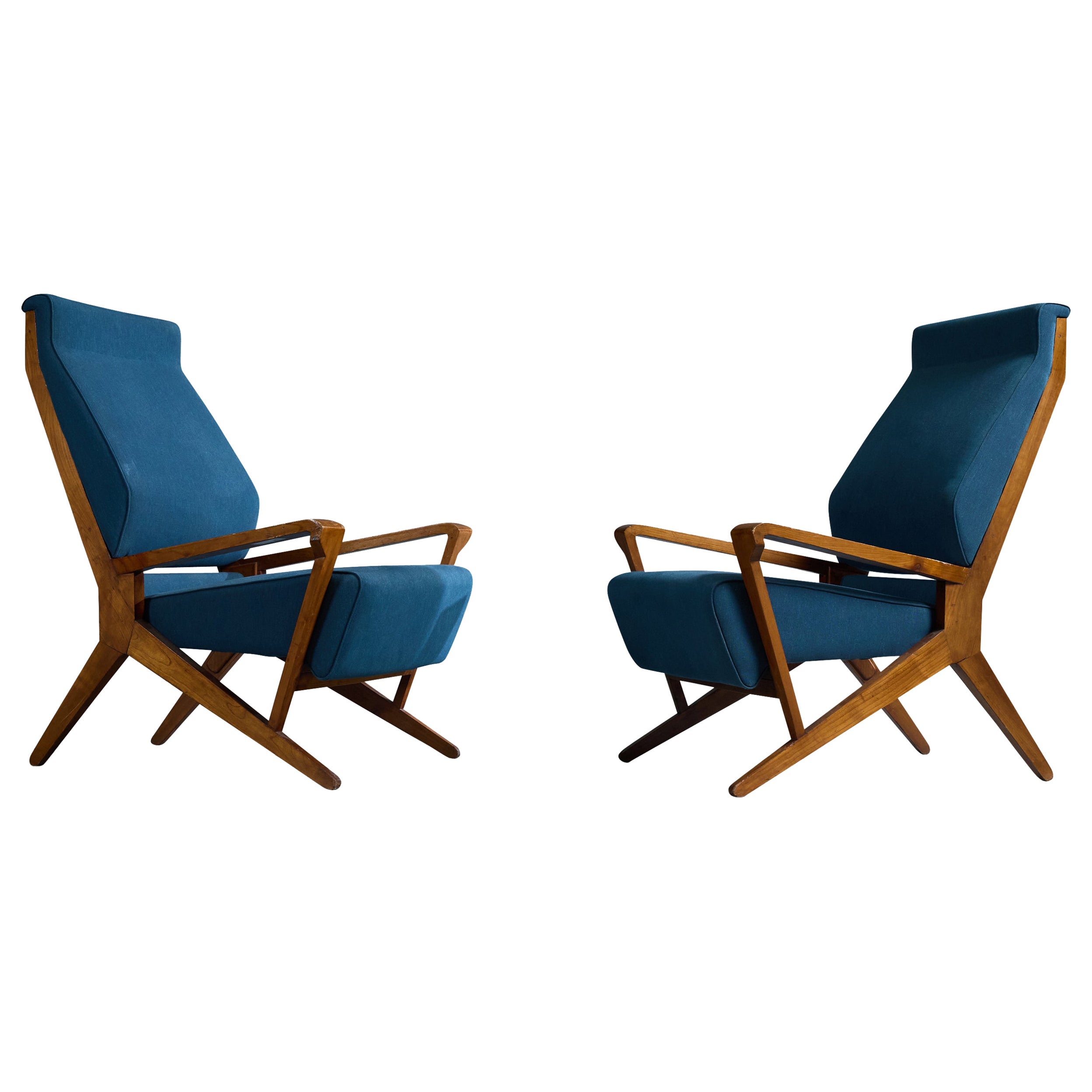 B.B.P.R, Lounge Chairs, Walnut, Fabric, Italy, 1950s