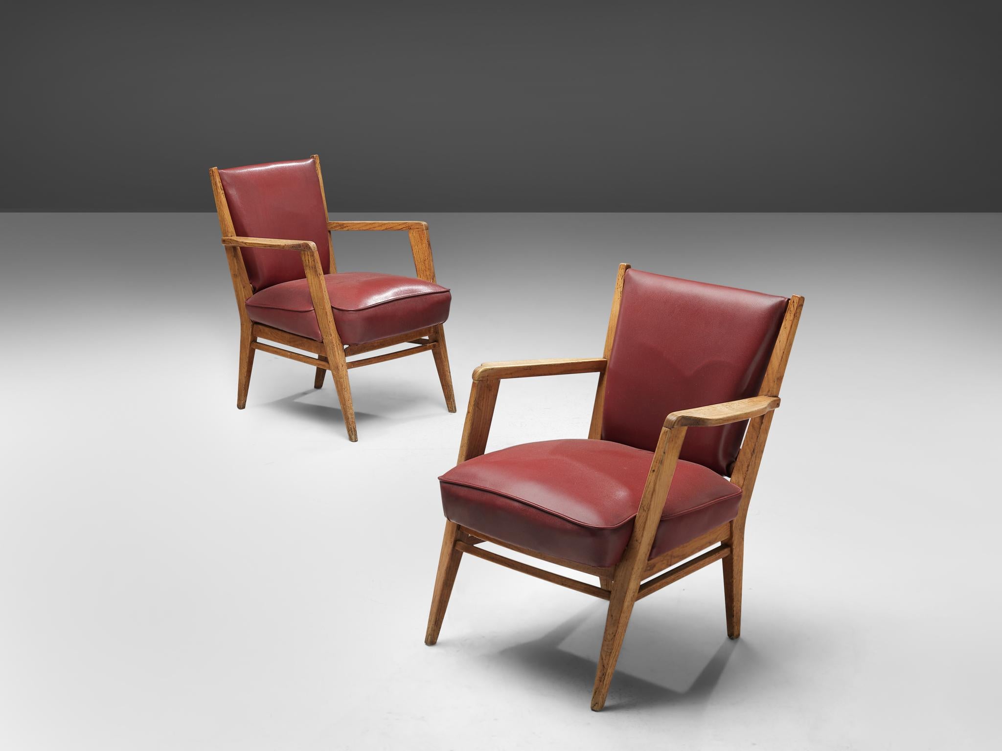 BBPR Pair of Lounge Chairs in Burgundy Upholstery and Oak  In Good Condition For Sale In Waalwijk, NL