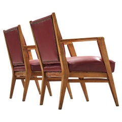 BBPR Pair of Lounge Chairs in Burgundy Upholstery and Oak 
