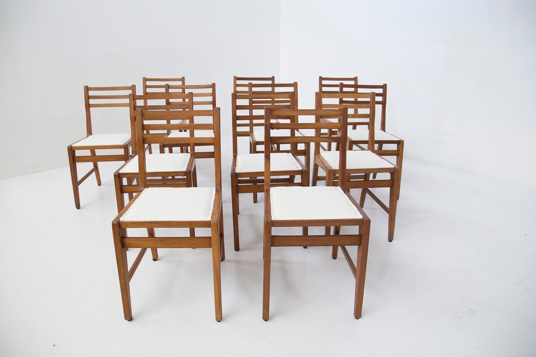 Mid-Century Modern Bbpr Attr. to Set of 12 Wooden Mid-Century Chairs in Bouclé For Sale