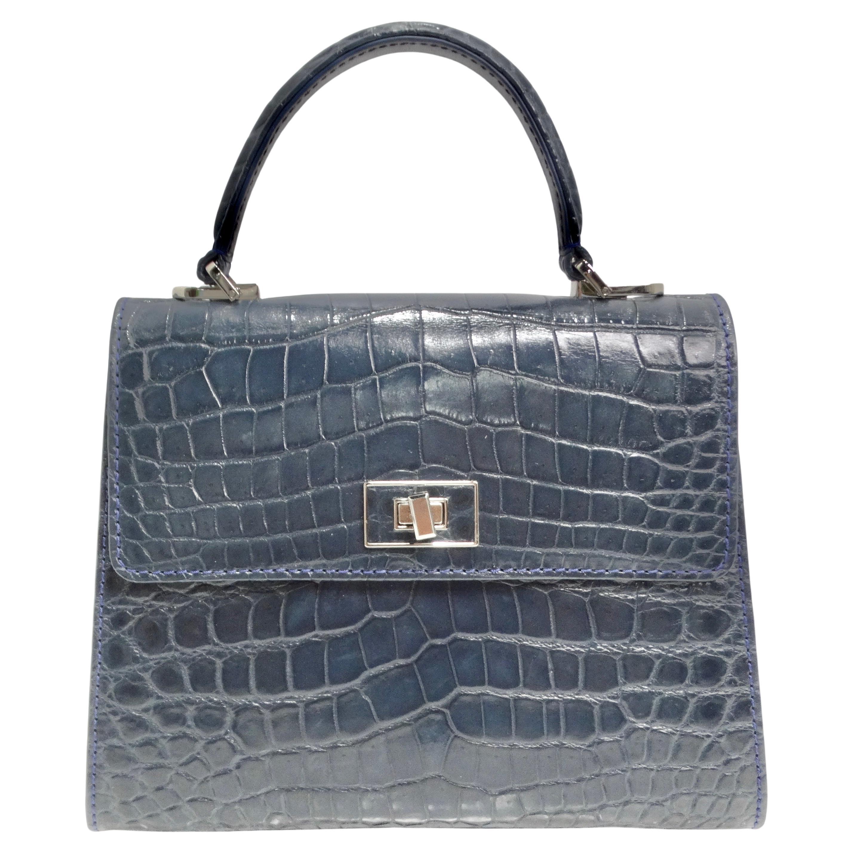 BC Luxury Blue Crocodile Leather Top Handle Bag For Sale