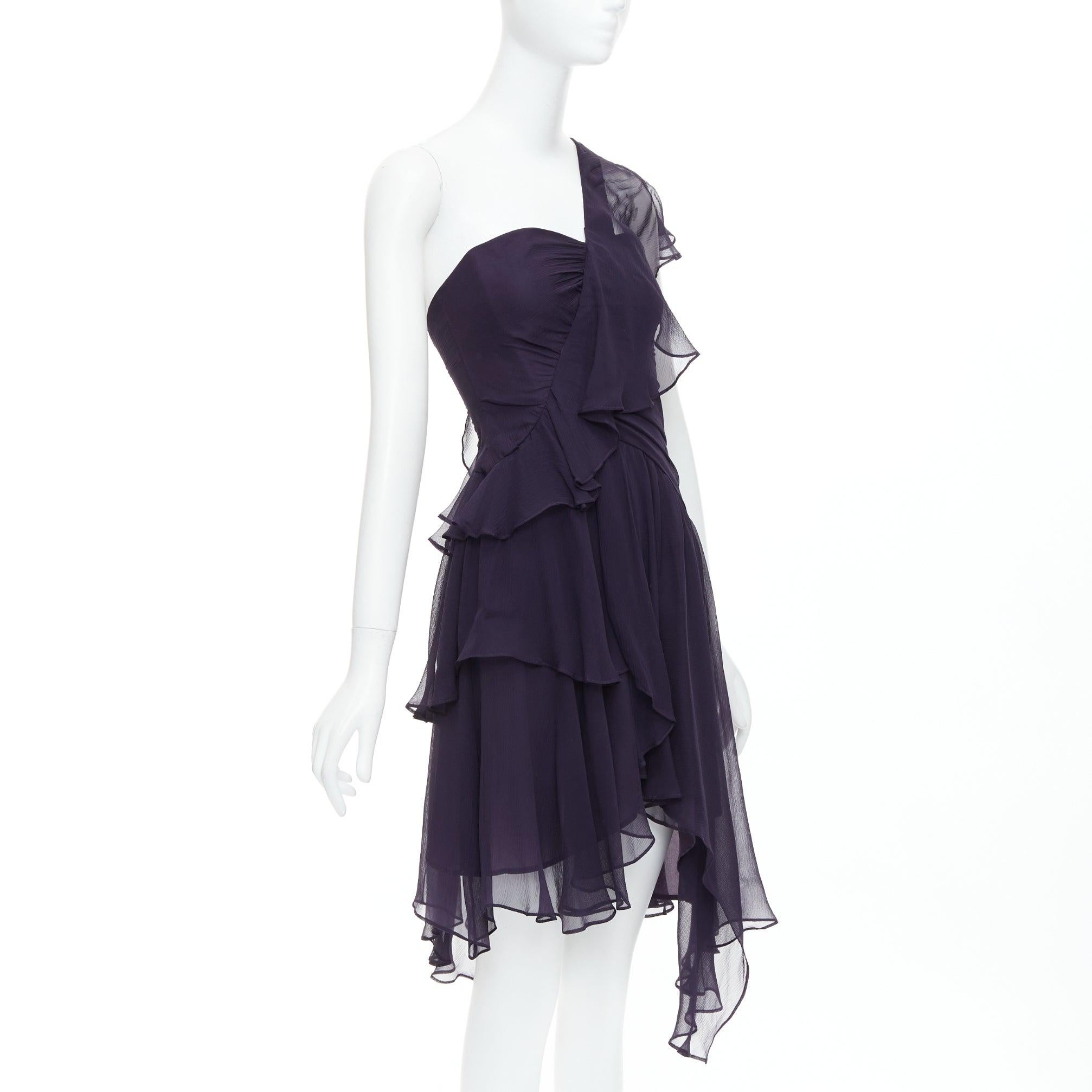 Black BCBG 100% silk navy asymmetric chiffon drape flutter dress US0 S