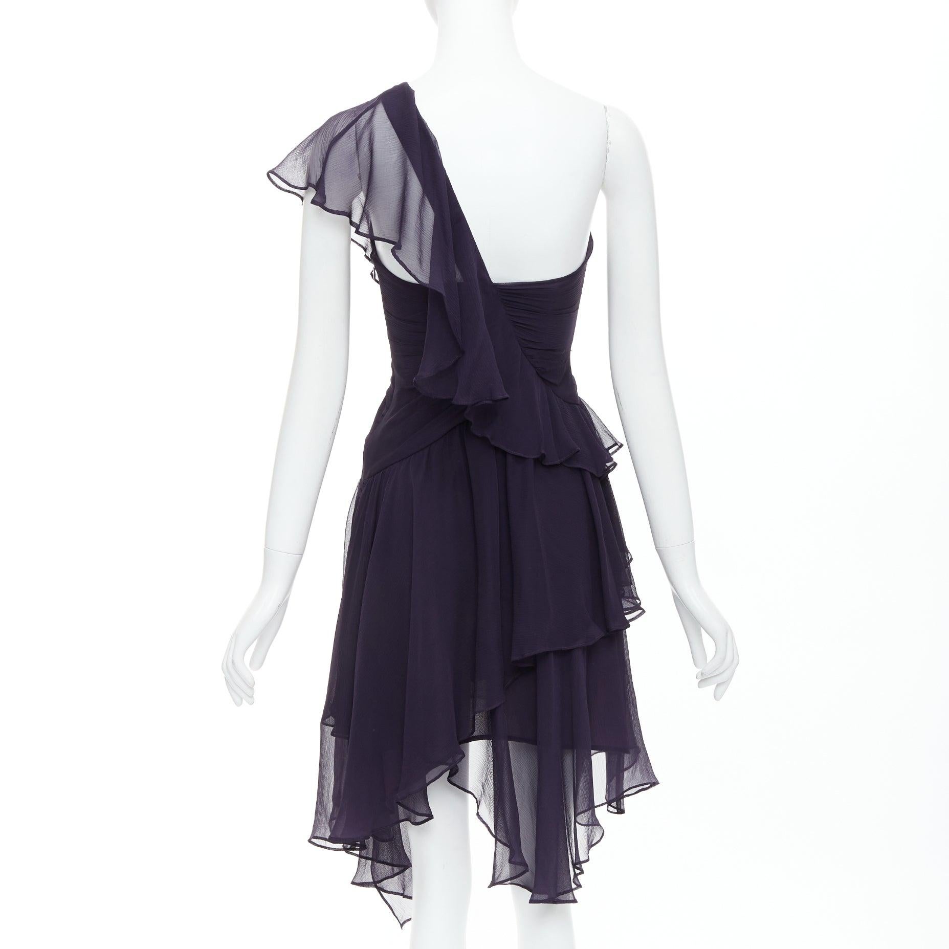 Women's BCBG 100% silk navy asymmetric chiffon drape flutter dress US0 S