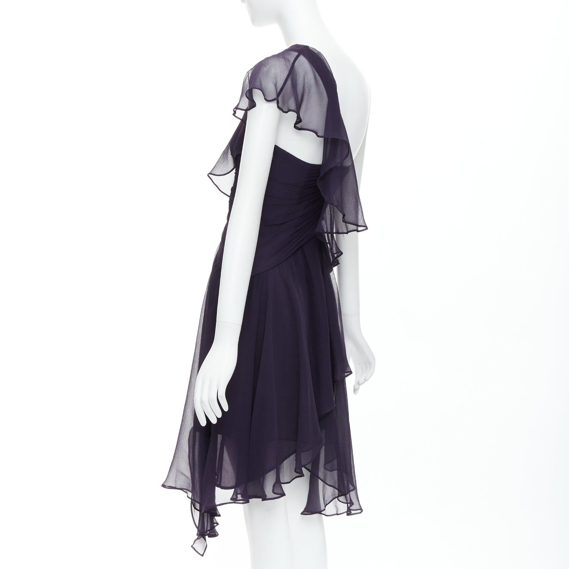 BCBG 100% silk navy asymmetric chiffon drape flutter dress US0 S 1