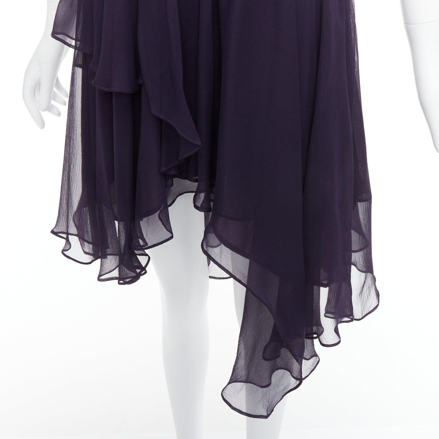 BCBG 100% silk navy asymmetric chiffon drape flutter dress US0 S 2