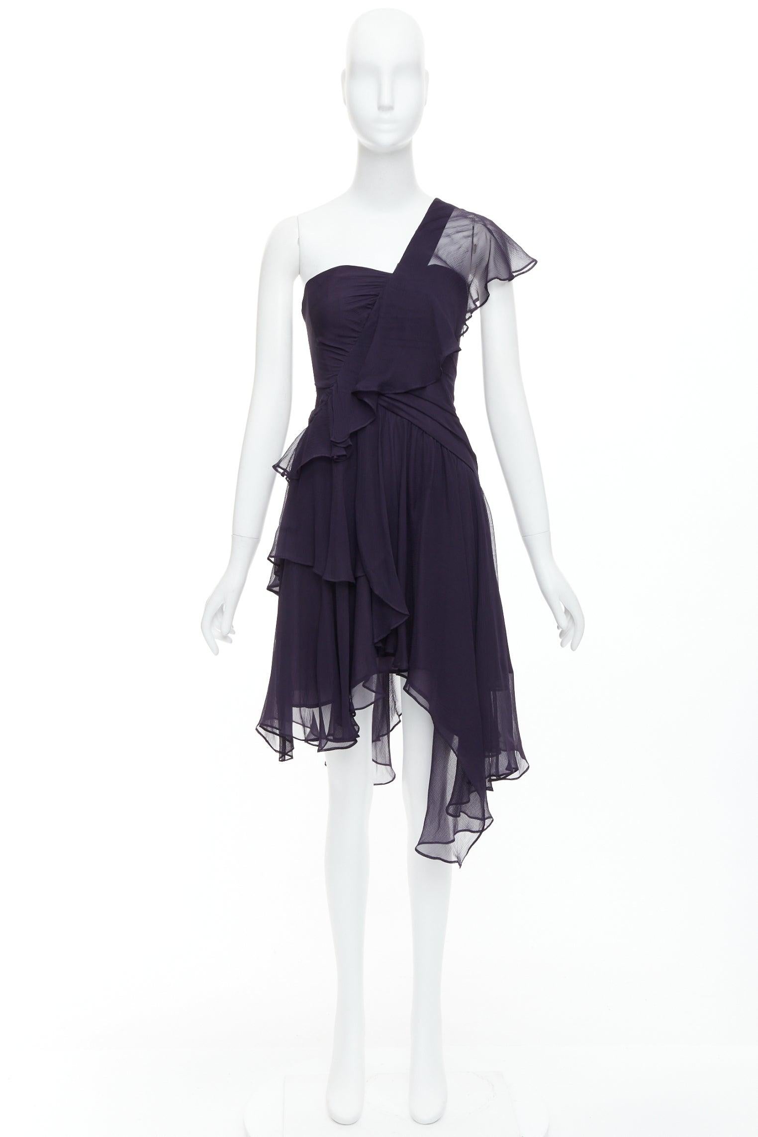 BCBG 100% silk navy asymmetric chiffon drape flutter dress US0 S 4