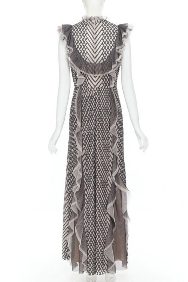 BCBG MAX AZRIA black beige embroidered rufflle tulle flutter gown dress US6  M at 1stDibs