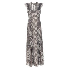 BCBG MAX AZRIA black beige embroidered rufflle tulle flutter gown dress US6 M