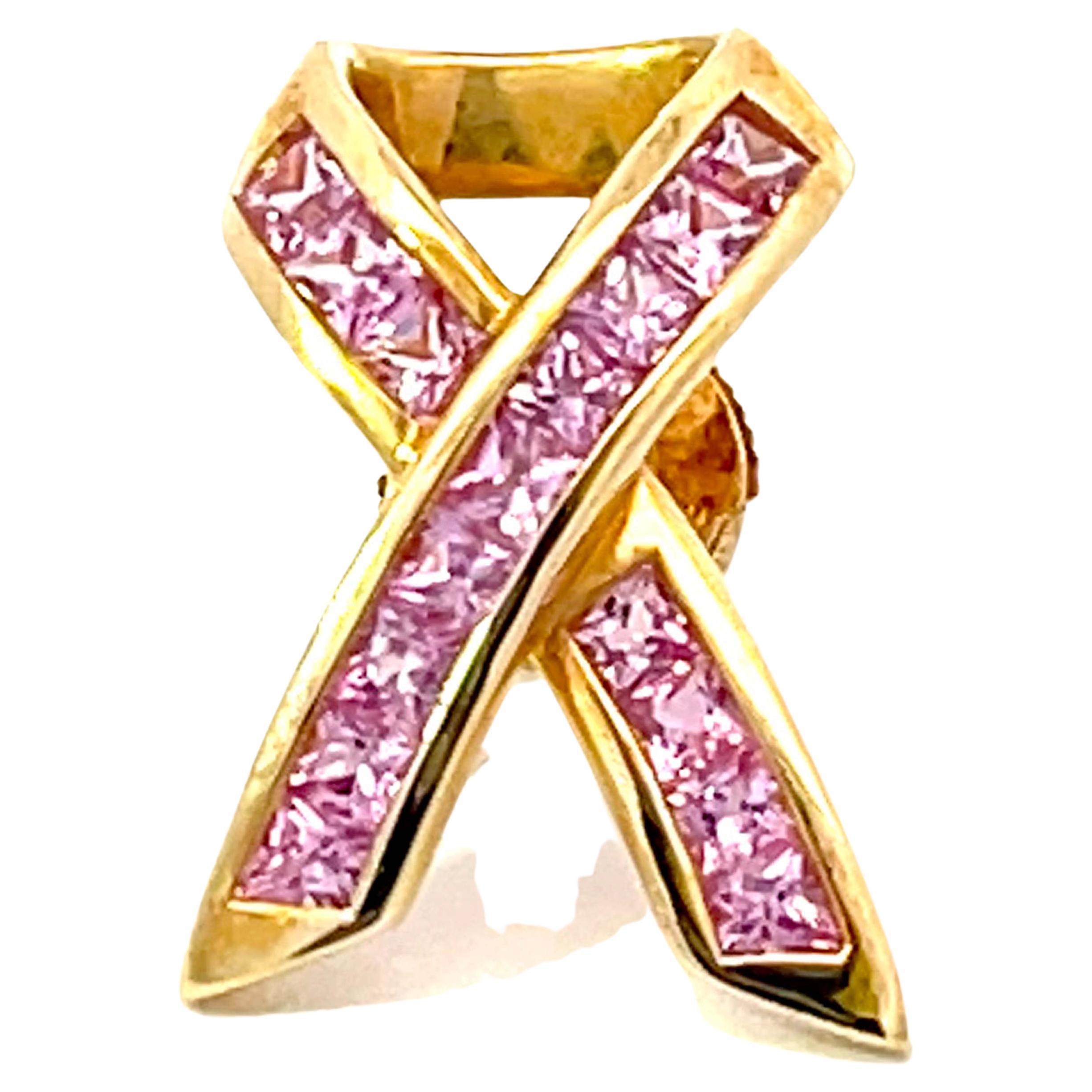 BCRF Pink Ribbon Brooch in 14k Yellow Gold For Sale