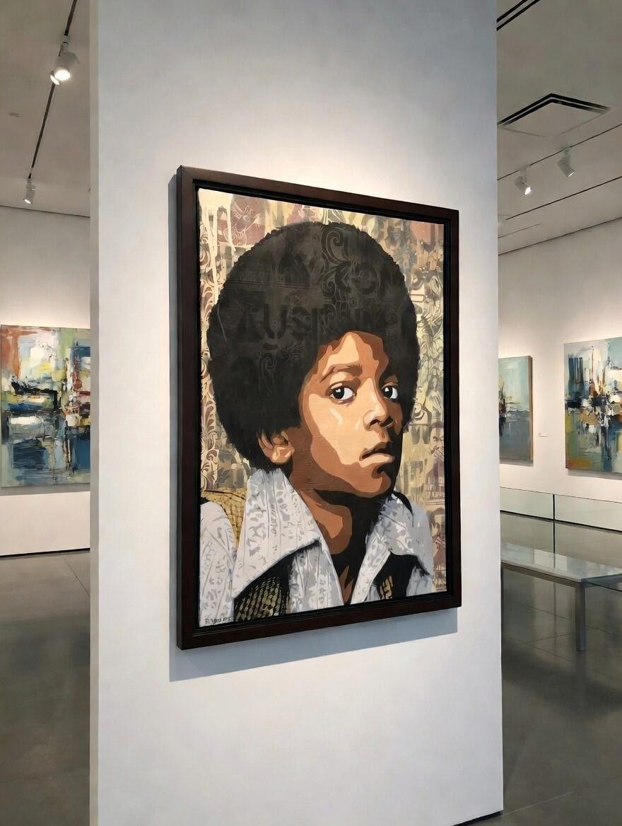 Gerahmte Michael Jackson Mixed Media Leinwand mit Schablone & Sprühfarbe – Mixed Media Art von BD White