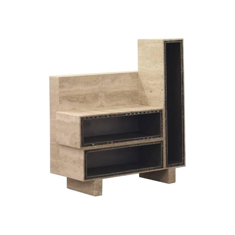 BDC Side Table in Travertine and Alucore, Left For Sale