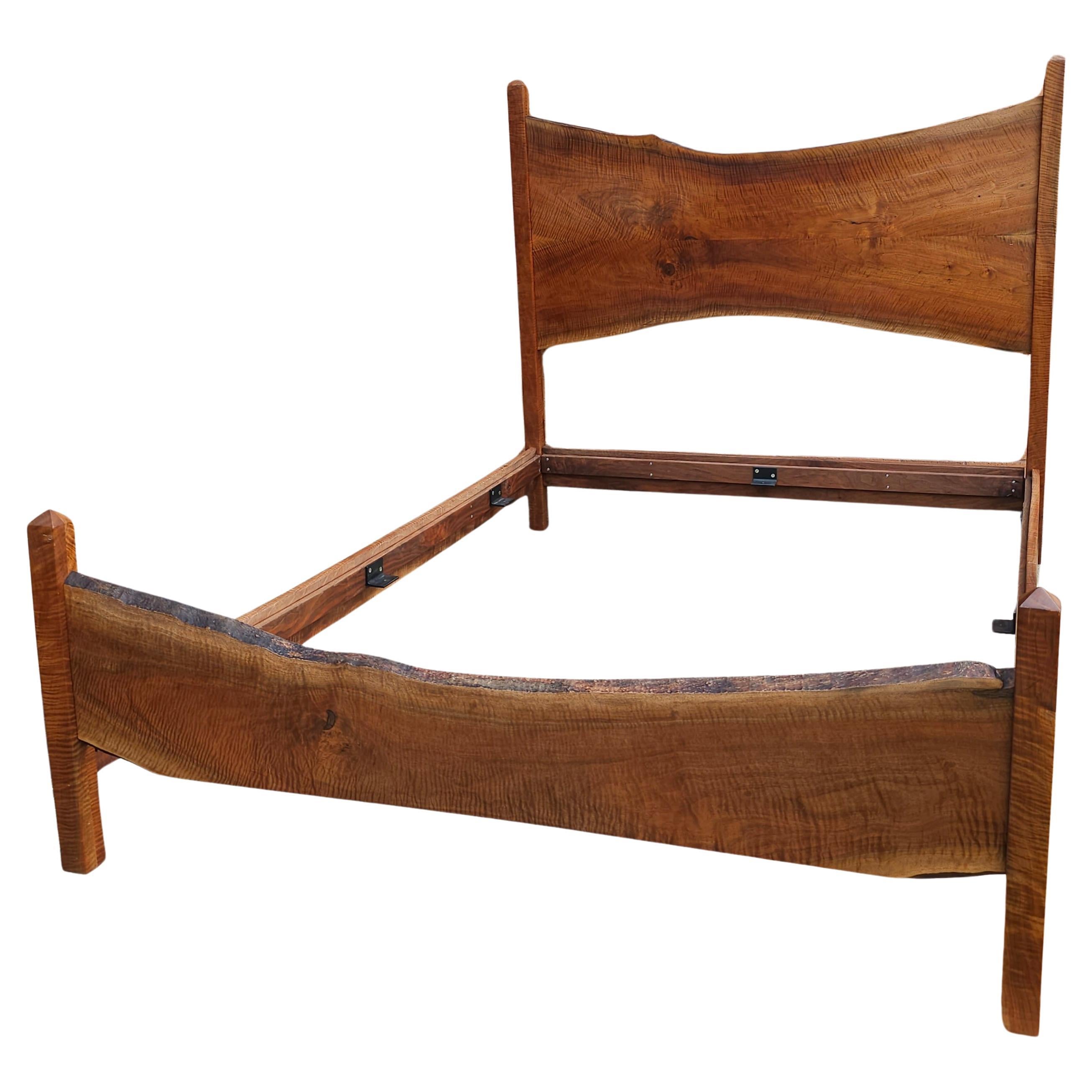 BDDW Style Live-Edge handcrafted Claro Walnut Slab Queen Bed in great condition. This queen bed is made out of the very rare and expensive live-edge claro walnut slabs. Hand rubbed finish. Side rails in claro walnut as well. Great condition.
