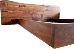 BDDW Horizontal Live-Edge Claro Dark Walnut Slab Queen Bed w Butterfly Stitching
