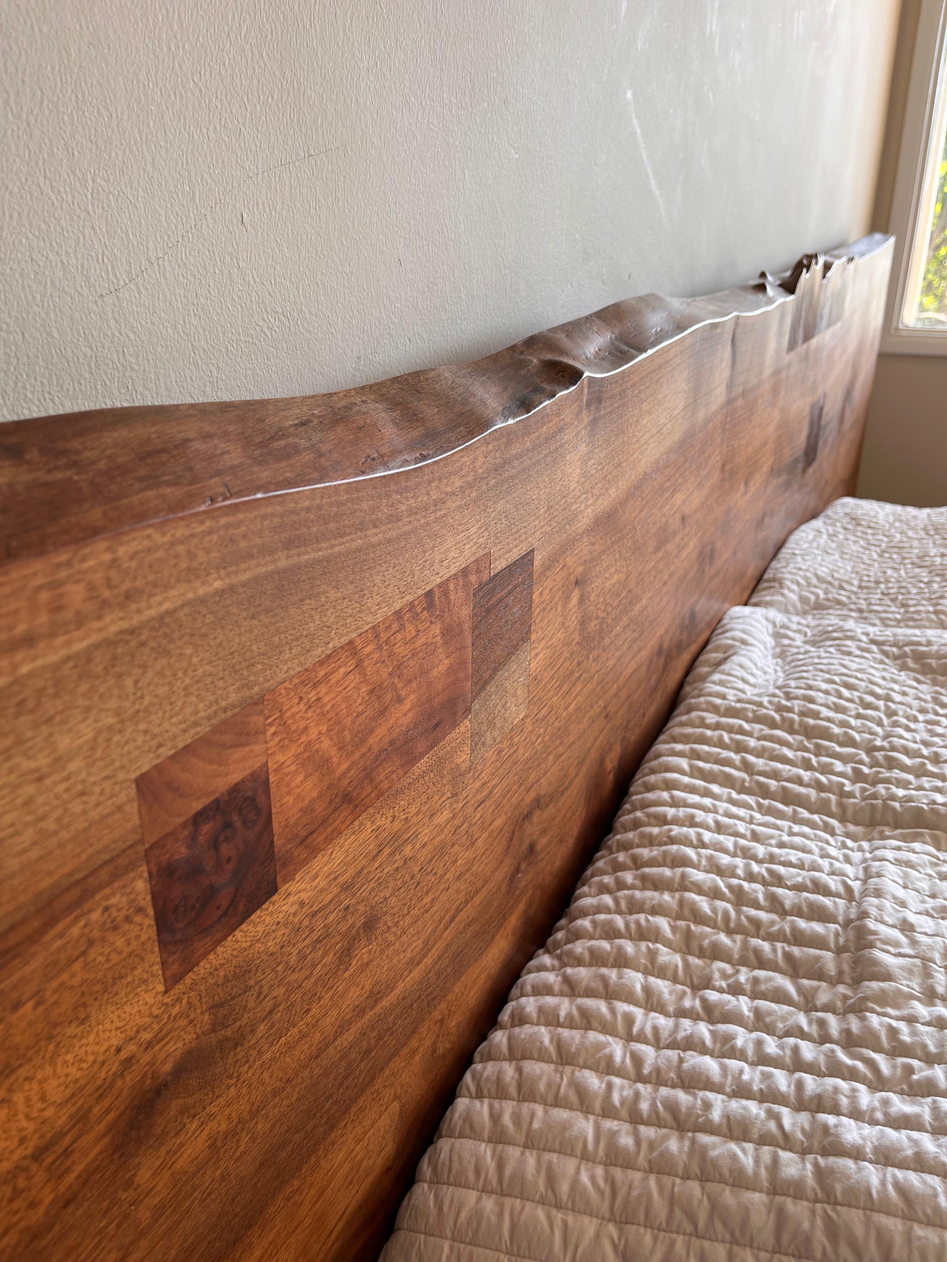 Hand-Crafted BDDW Horizontal Live-Edge Claro Dark Walnut Slab Queen Bed w Butterfly Stitching For Sale