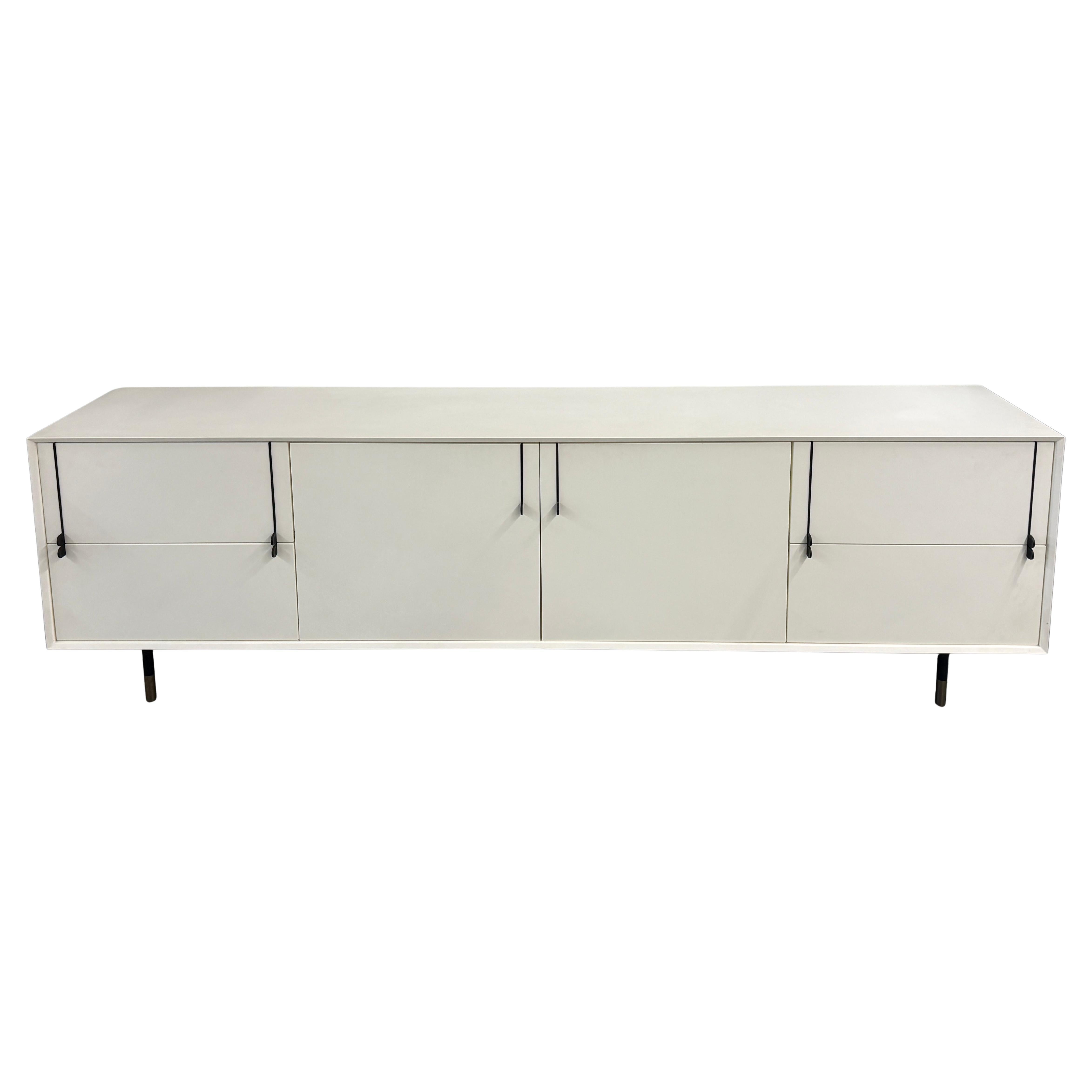 BDDW Lake Credenza White Lacquer Ebonized Hardware Walnut Interiors in vendita