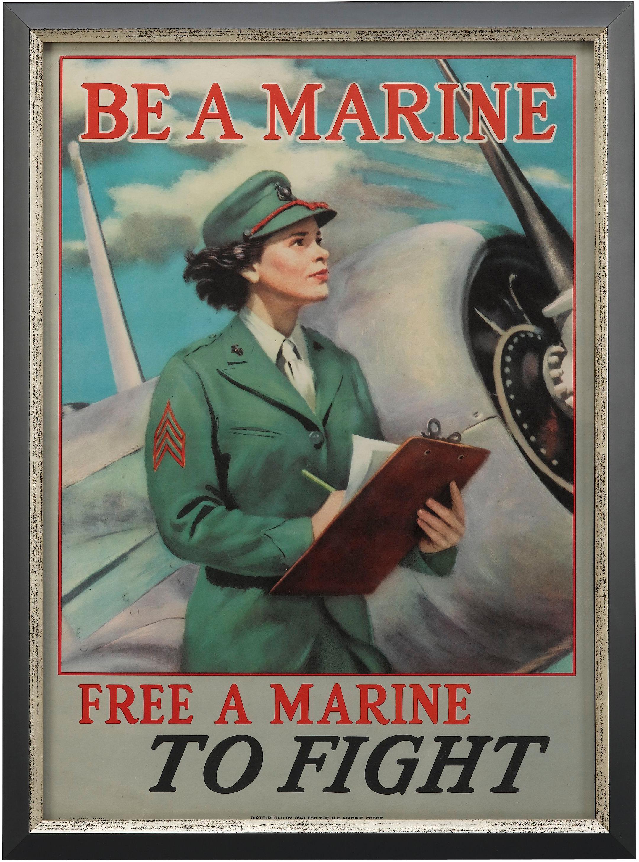 This vintage recruitment poster was issued shortly after the United States entered WWII and urges women to join the United States Marine Corps. The poster is printed with the recruitment slogan “Be A Marine, Free A Marine To Fight”and depicts a