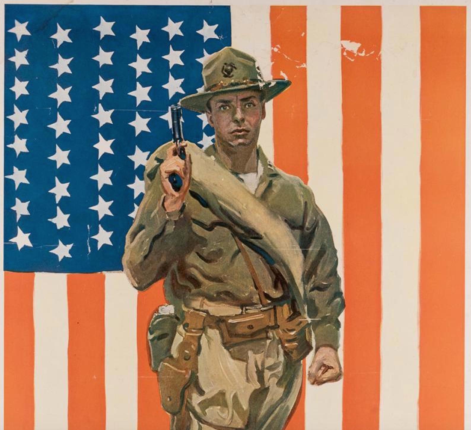 This 1918 Marines recruitment poster was designed by the famed poster artist, James Montgomery Flagg. Equally persuasive as his iconic 