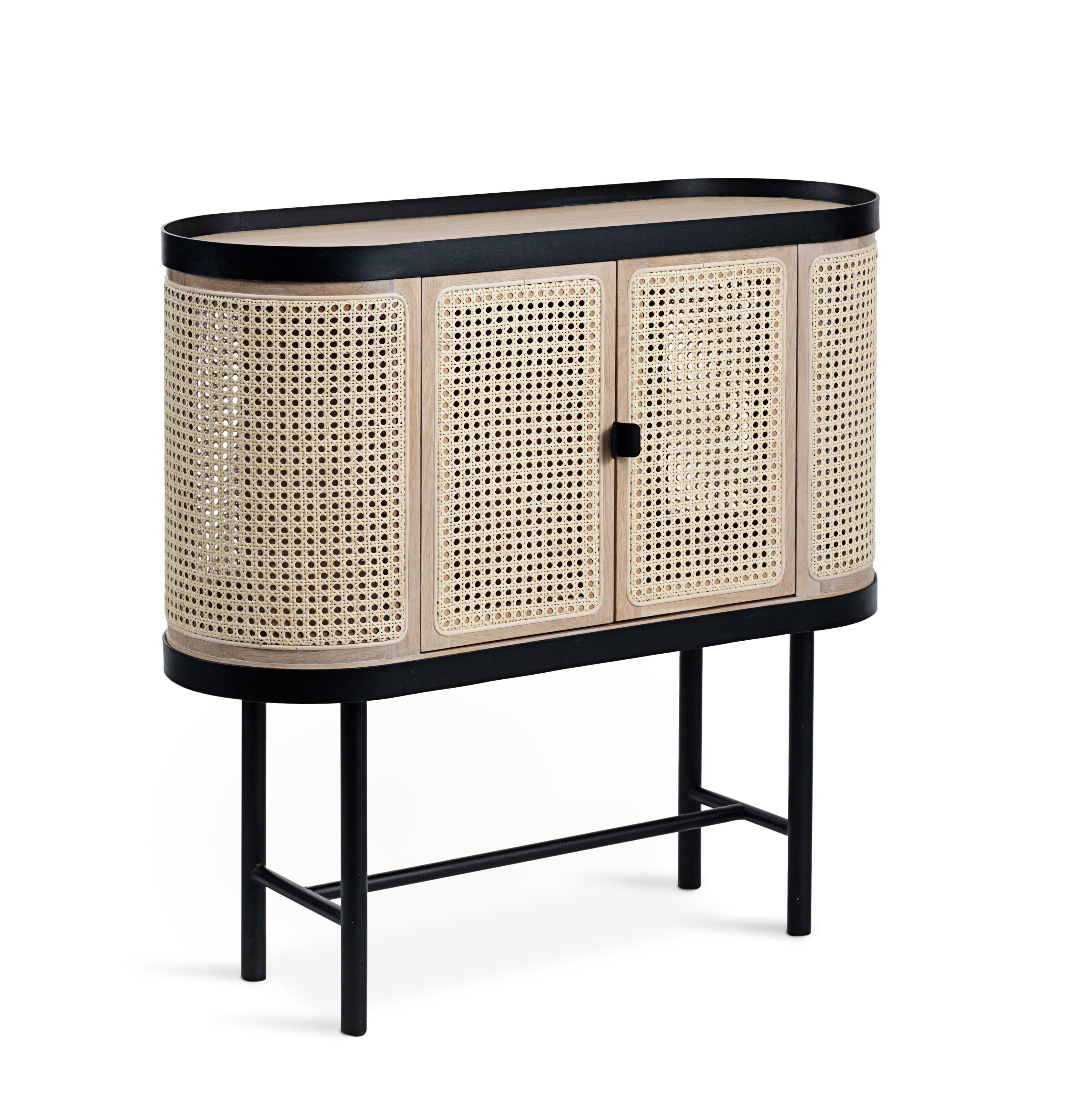 An elegant, spacious wood and wicker bar cabinet with a simple metal frame. It is an exquisite item of furniture, perfect for any connoisseur who fancies a stylish bar cabinet, or any design lover dreaming of a nice little cabinet for the living