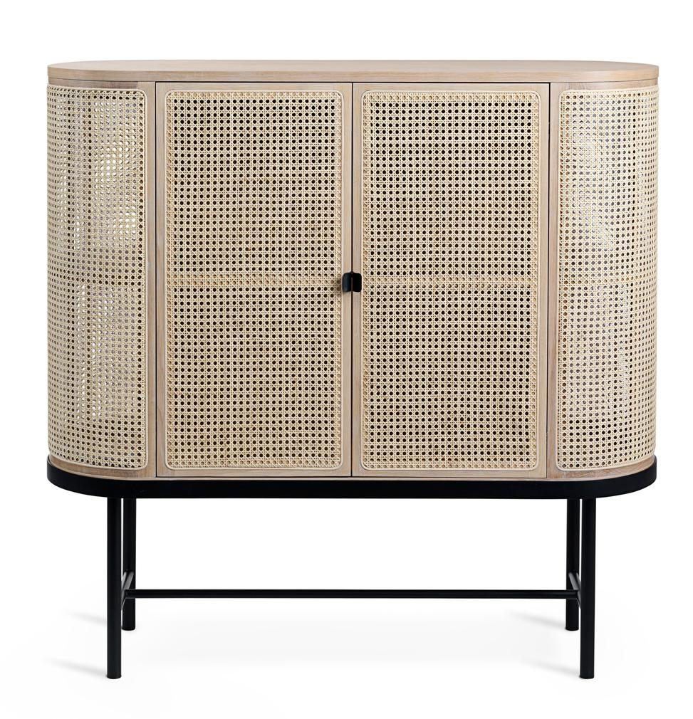 Be My Guest sideboard by Warm Nordic
Dimensions: D130 x W43 x H130 cm
Material: White oiled oak and french cane, Black noir powder coated steel frame
Weight: 61 kg

Warm Nordic is an ambitious design brand anchored in Nordic design history and