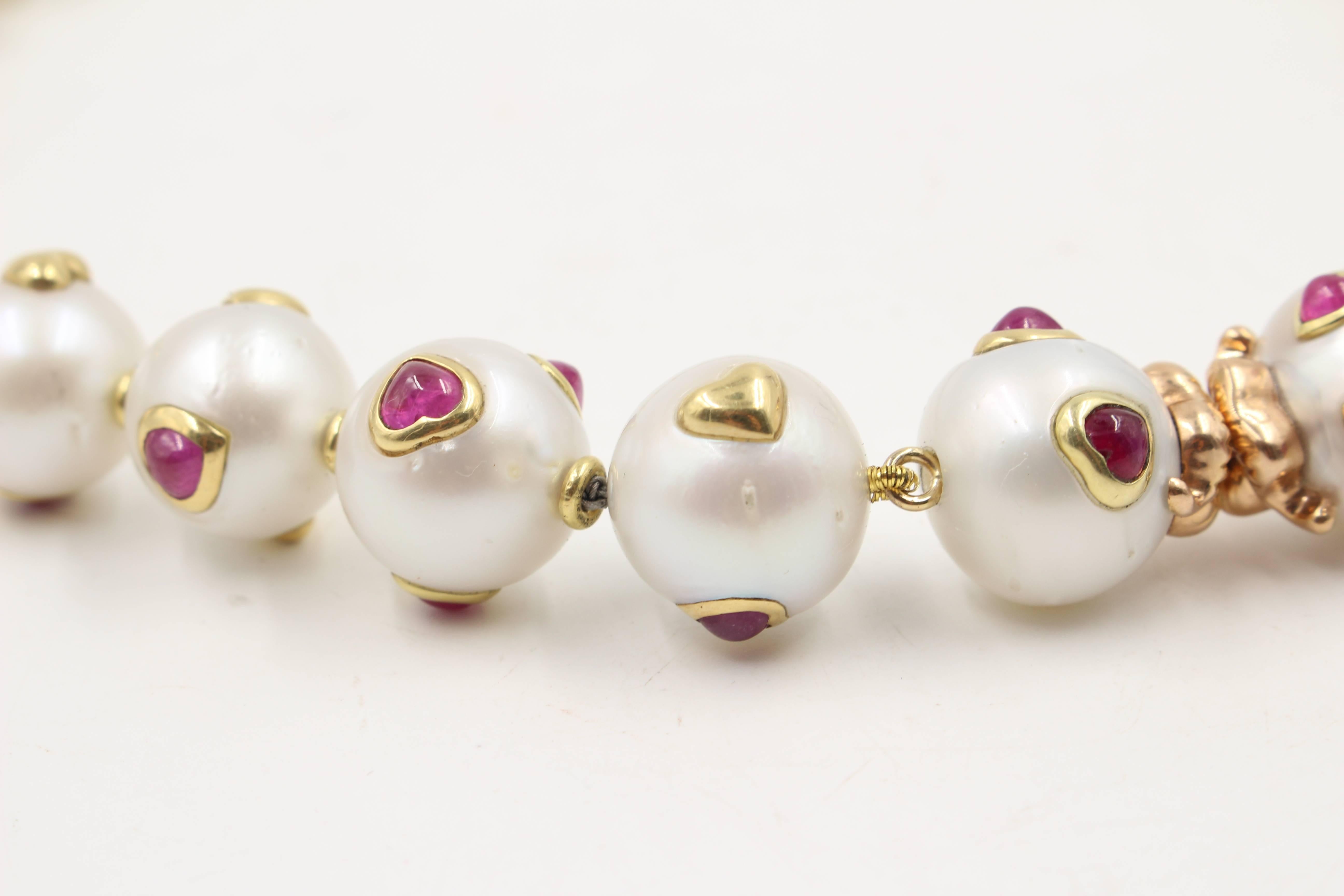 Women's South Sea Pearl, Ruby, 18 Karat Gold Necklace For Sale