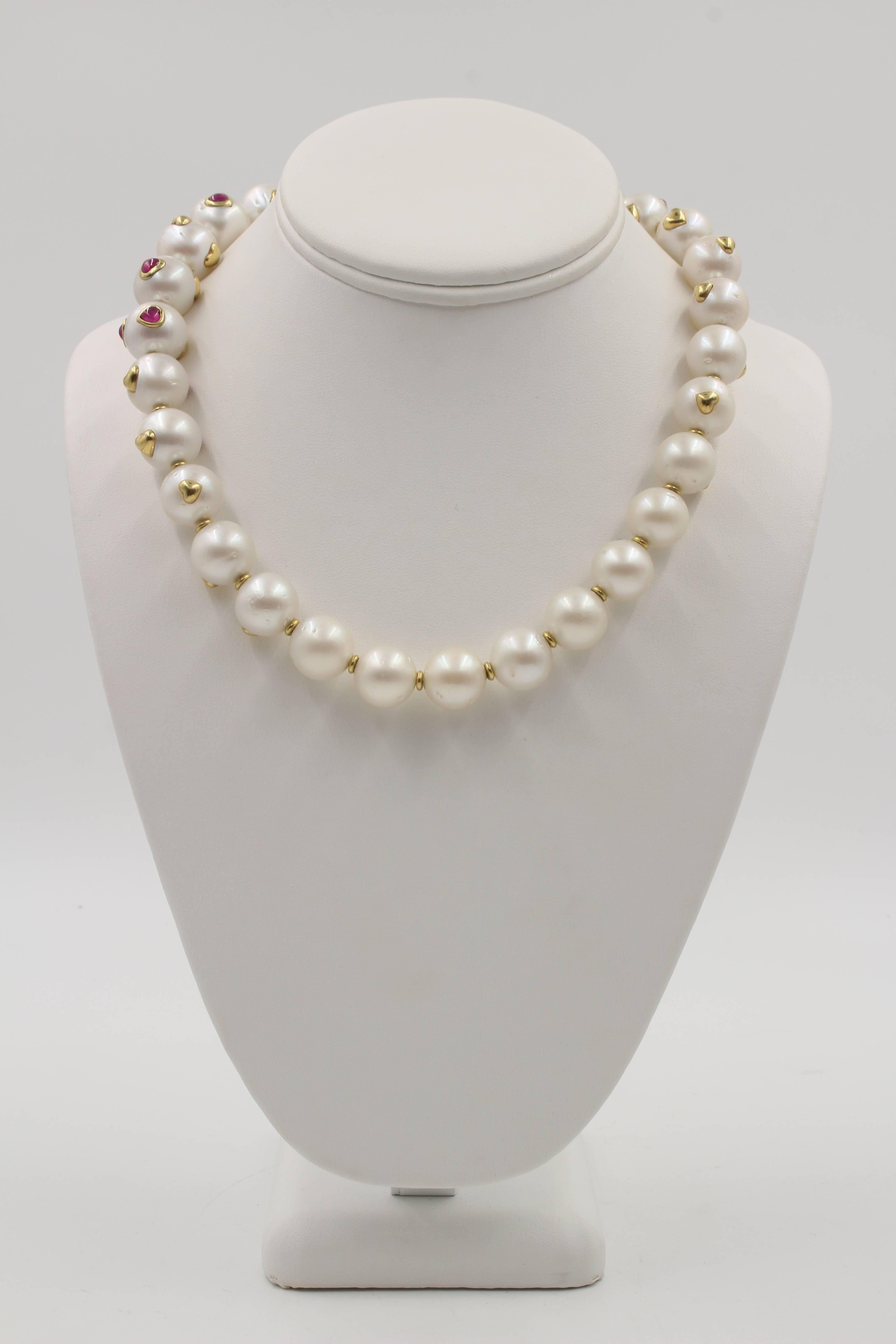 South Sea Pearl, Ruby, 18 Karat Gold Necklace For Sale 2