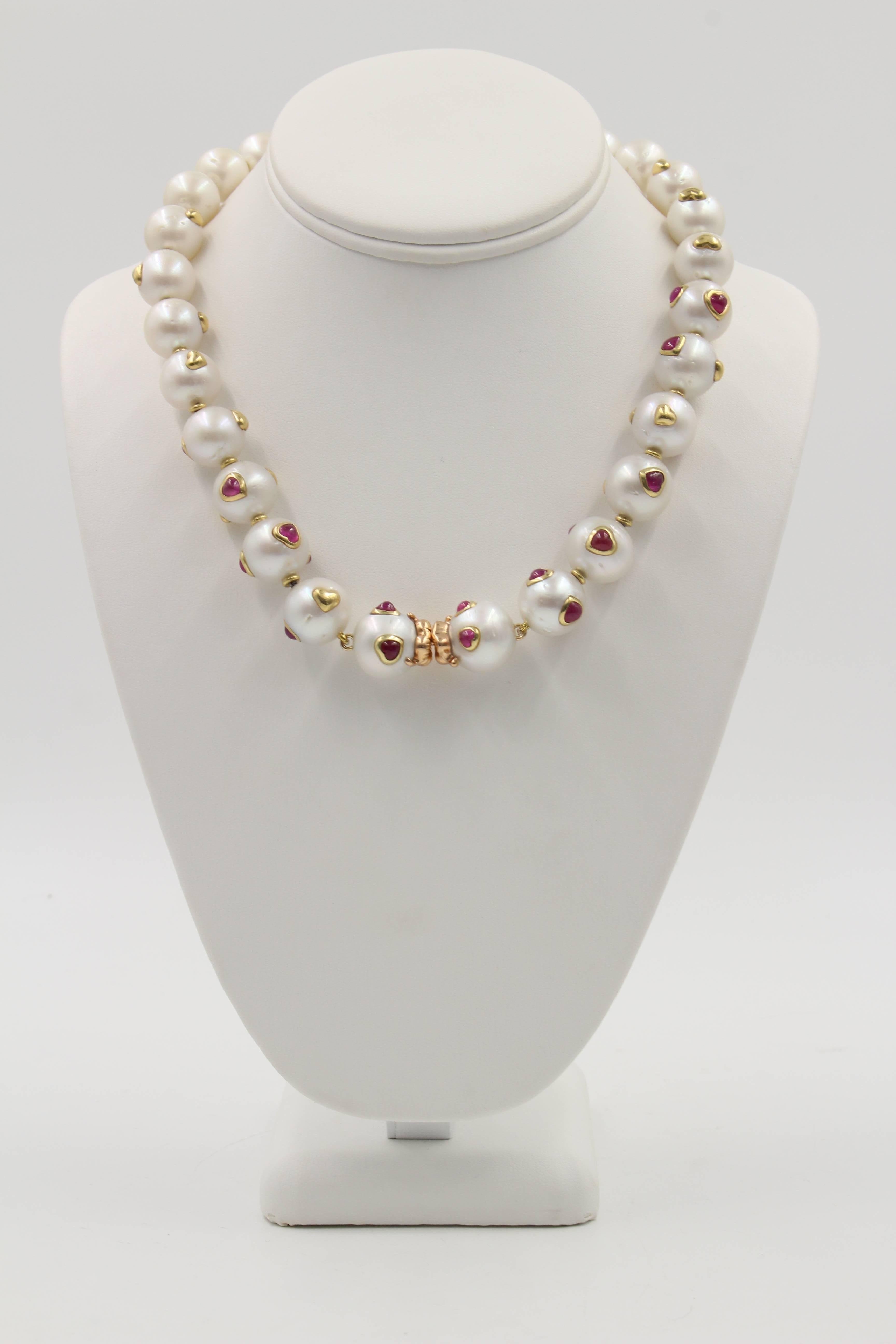 South Sea Pearl, Ruby, 18 Karat Gold Necklace For Sale 3
