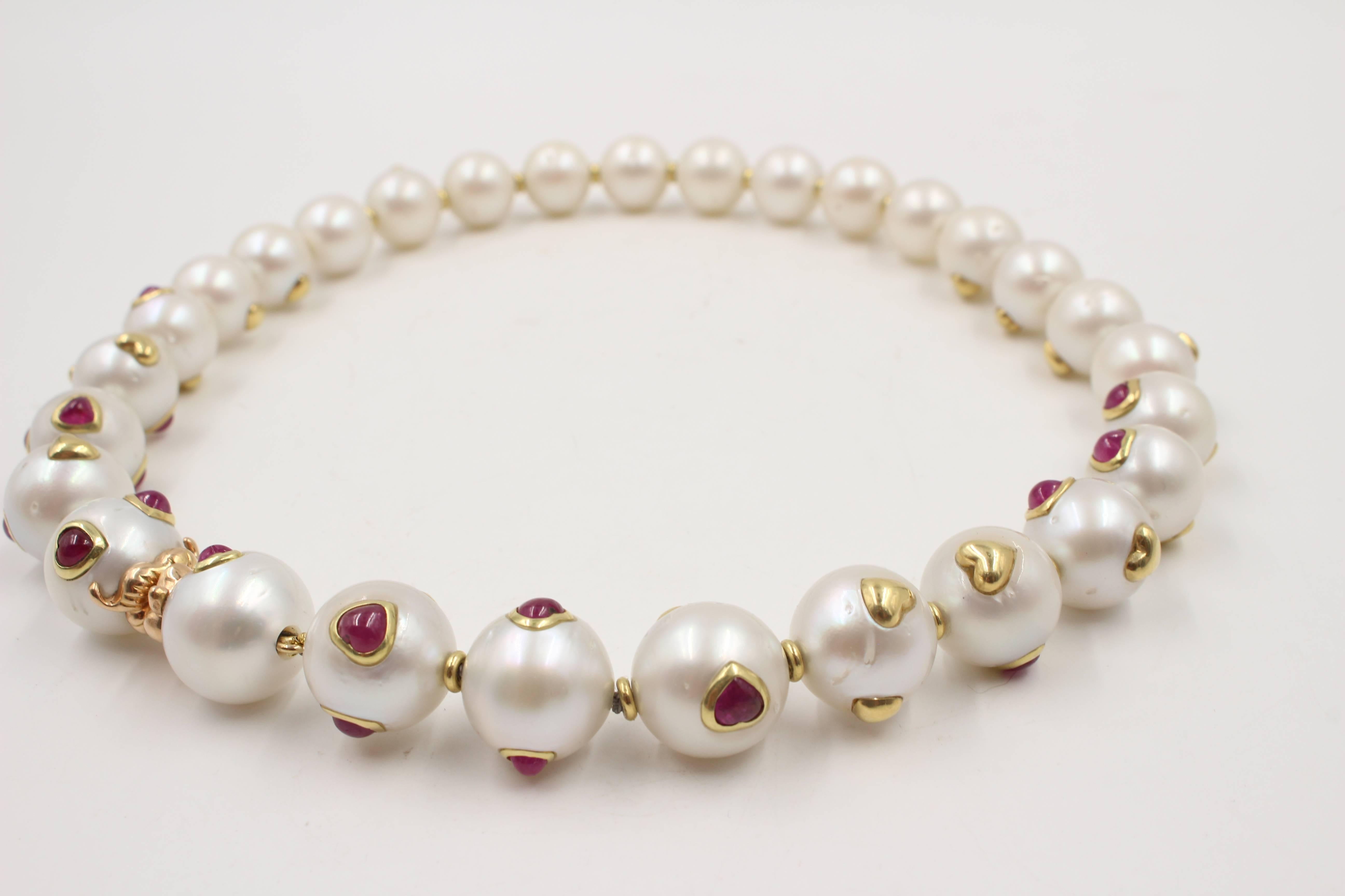 South Sea Pearl, Ruby, 18 Karat Gold Necklace For Sale 4