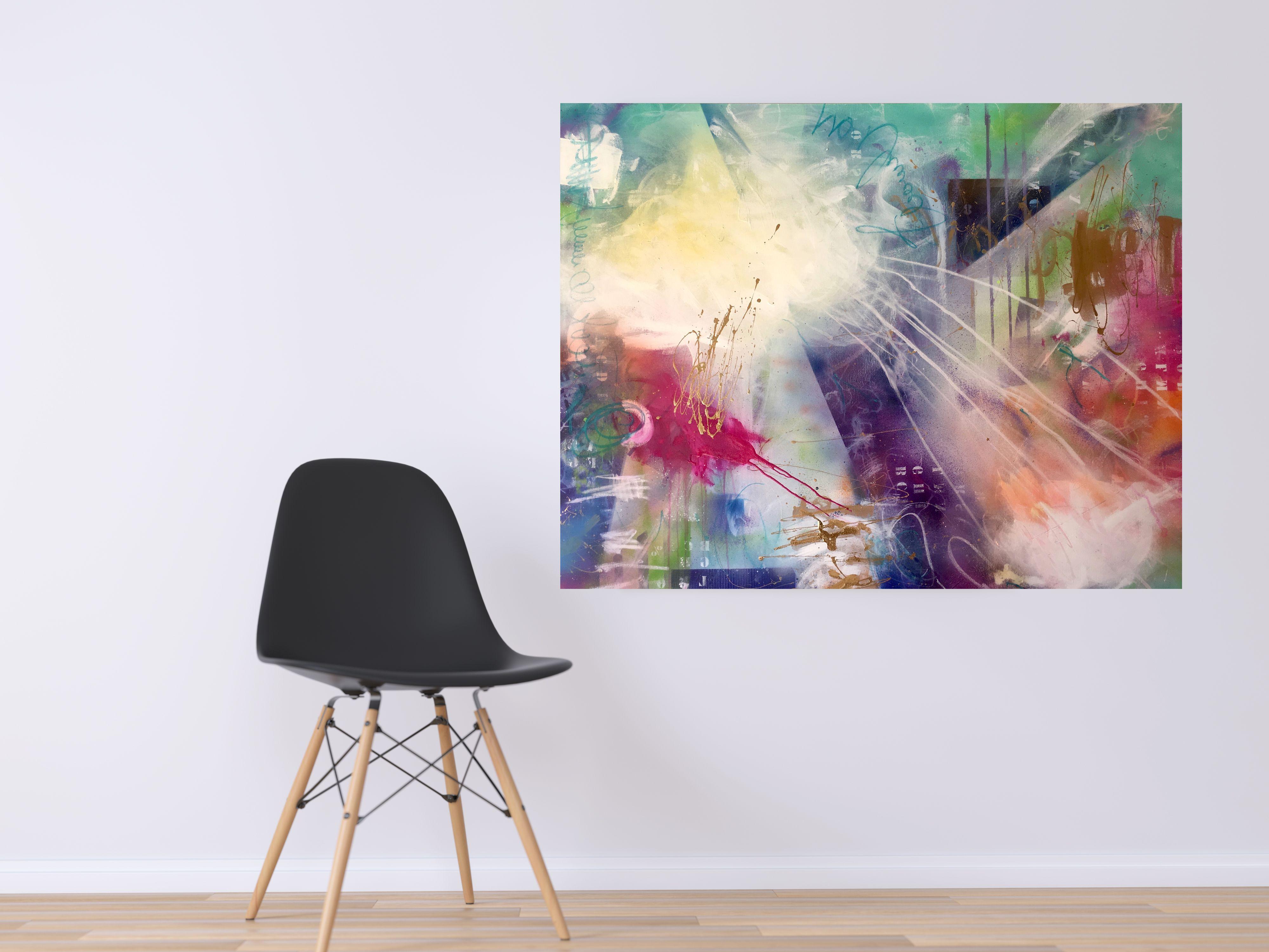 communication is a street art inspired painting sized of 120 cm/47,24 in x 100 cm/39,37 in, 4 cm/1,5 in deep mixed media paintings. The first layer is a geometric spray painting with perspective and surreal spaces in the distance. The following