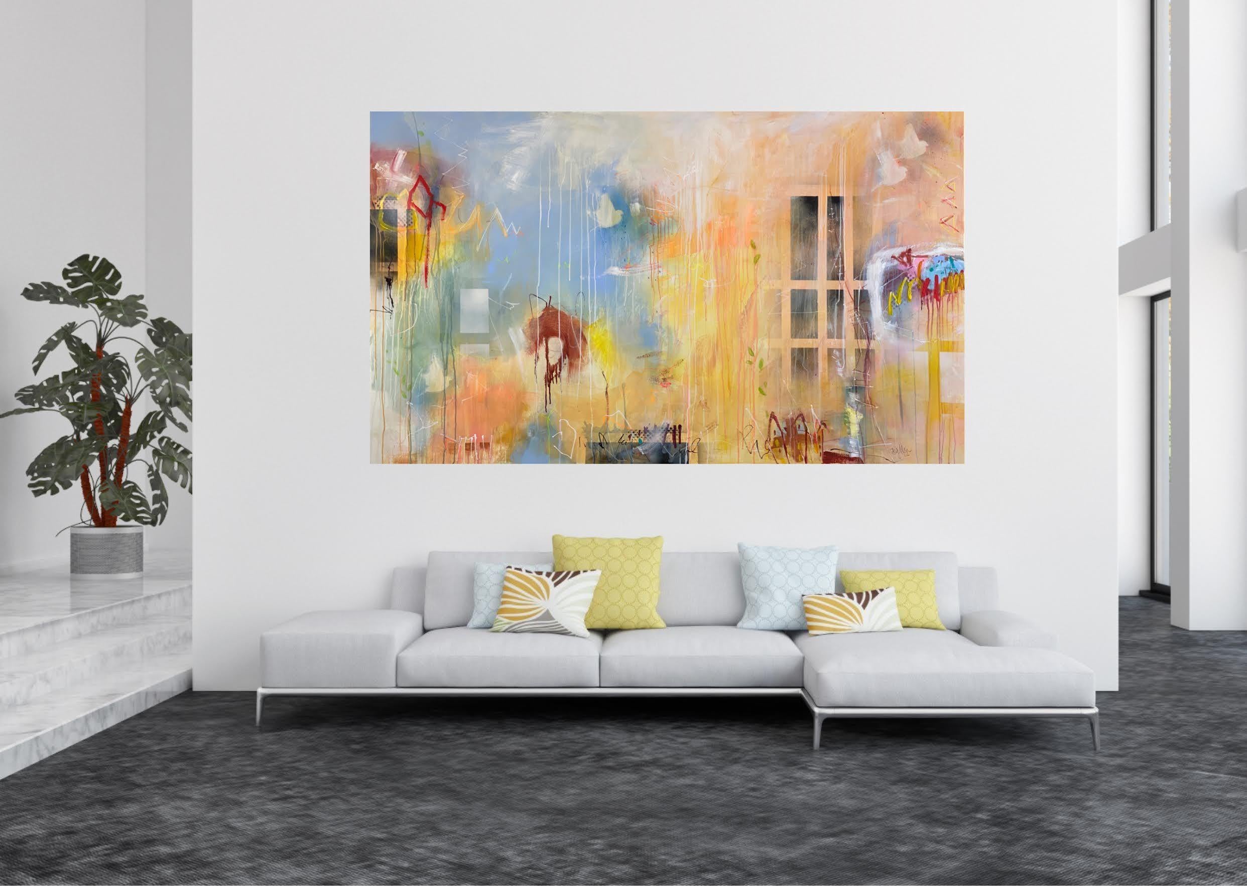 Acrylic, ink, neon pastels, Spray Paint, pastels, on Canvas.  Flying Home No.1 is a 200 cm/78,7 in W x 120 cm/47,24 H in, 2,5 cm/1 in deep mixed media painting. Fine layers create a mystical atmospere.  This Series is called â€žHomeâ€œ. Home is