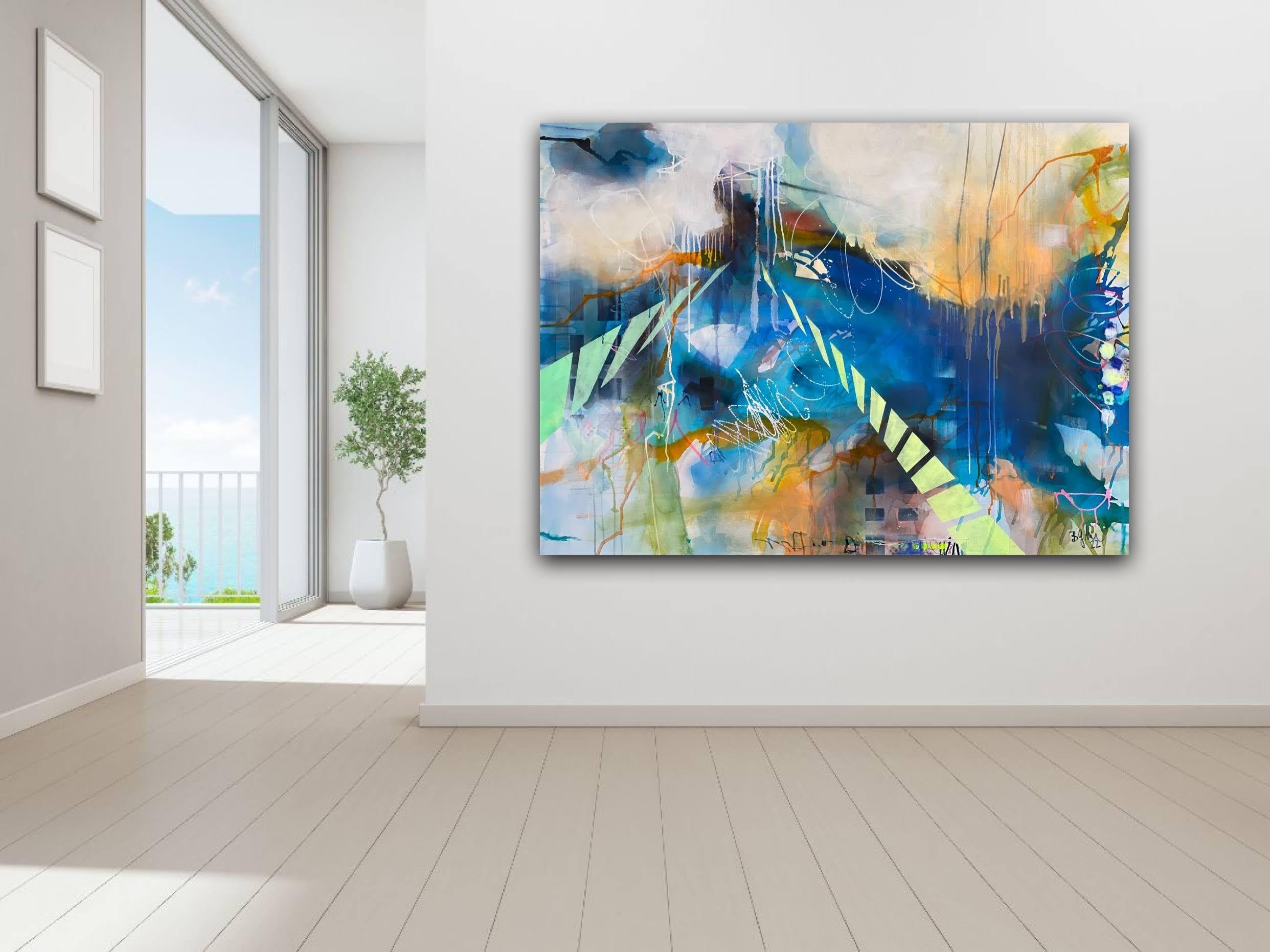 It is all a dream No.2 is a large abstract painting 120 cm/47.24 in H x 160 cm/62.99 in W, 4 cm/1,56 in deep. The painting is mixed media ( acrylics, spray paint, ink, neon paint, soft pastels ) on high quality canvas.    I love the song 