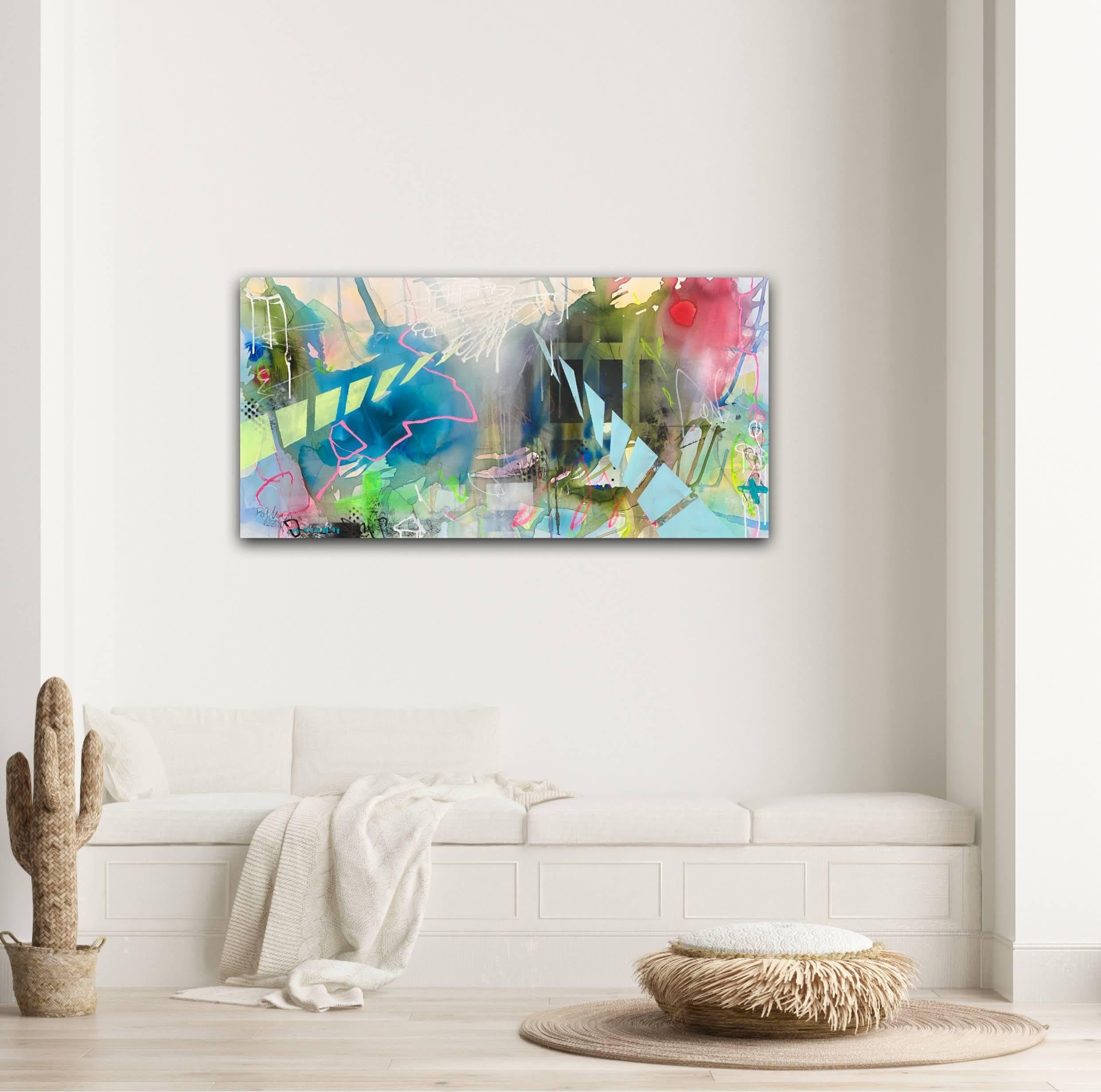 It is all a dream No.3 is a large abstract painting 120 cm/47.24 in W x 60 cm/23.62 in H, 4 cm/1,56 in deep. The painting is mixed media ( acrylics, spray paint, ink, neon paint, soft pastels ) on high quality canvas.    I love the song 