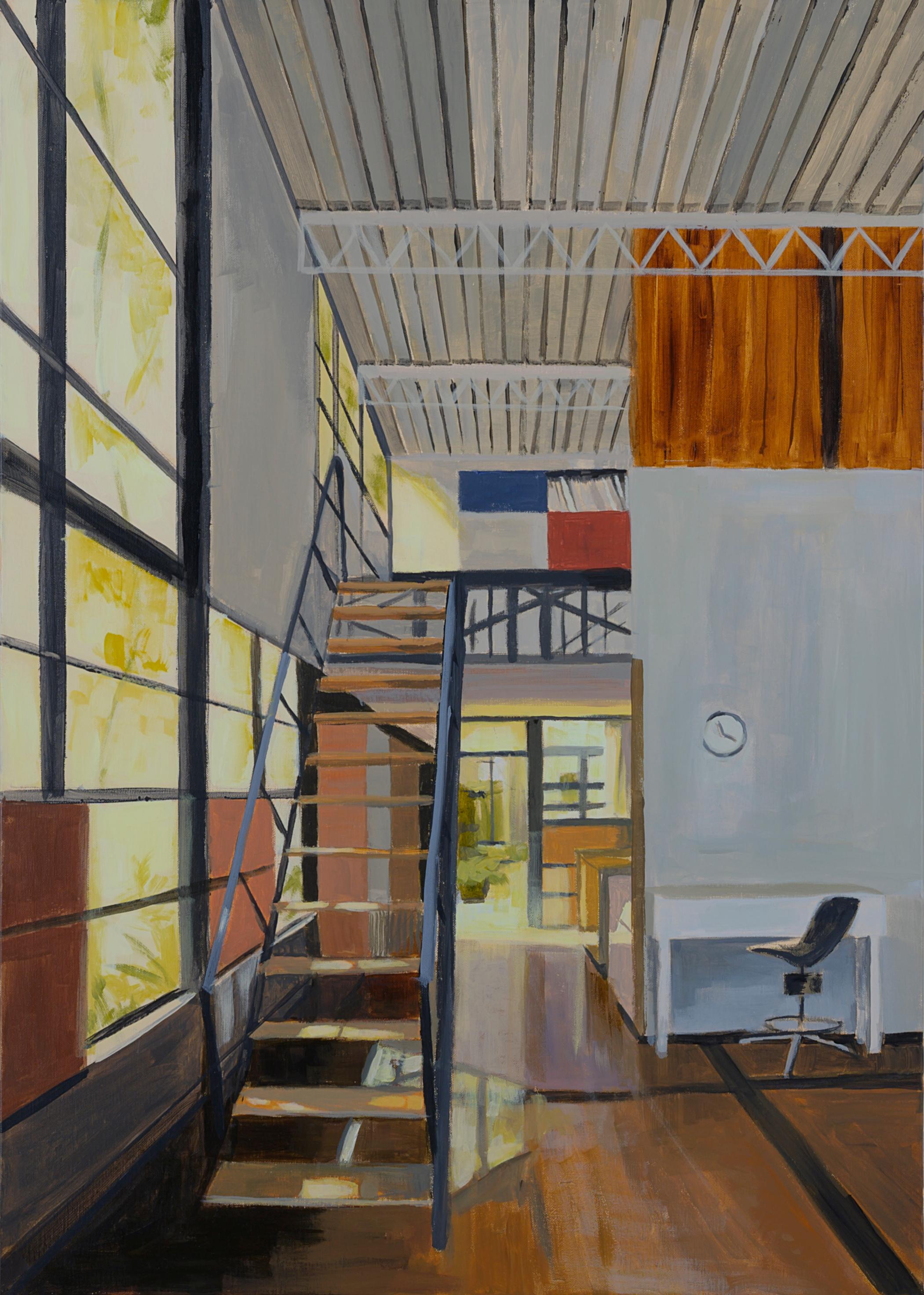 DREAM STAIRS (CHARLES AND RAY EAMES)
70X50 CM
ACRYLIC ON LINEN

The artist, Bea Sarrias, has developed much of her work in Barcelona, where she studied Fine Arts and soon became interested in architecture and the portrayal of iconic spaces. Her