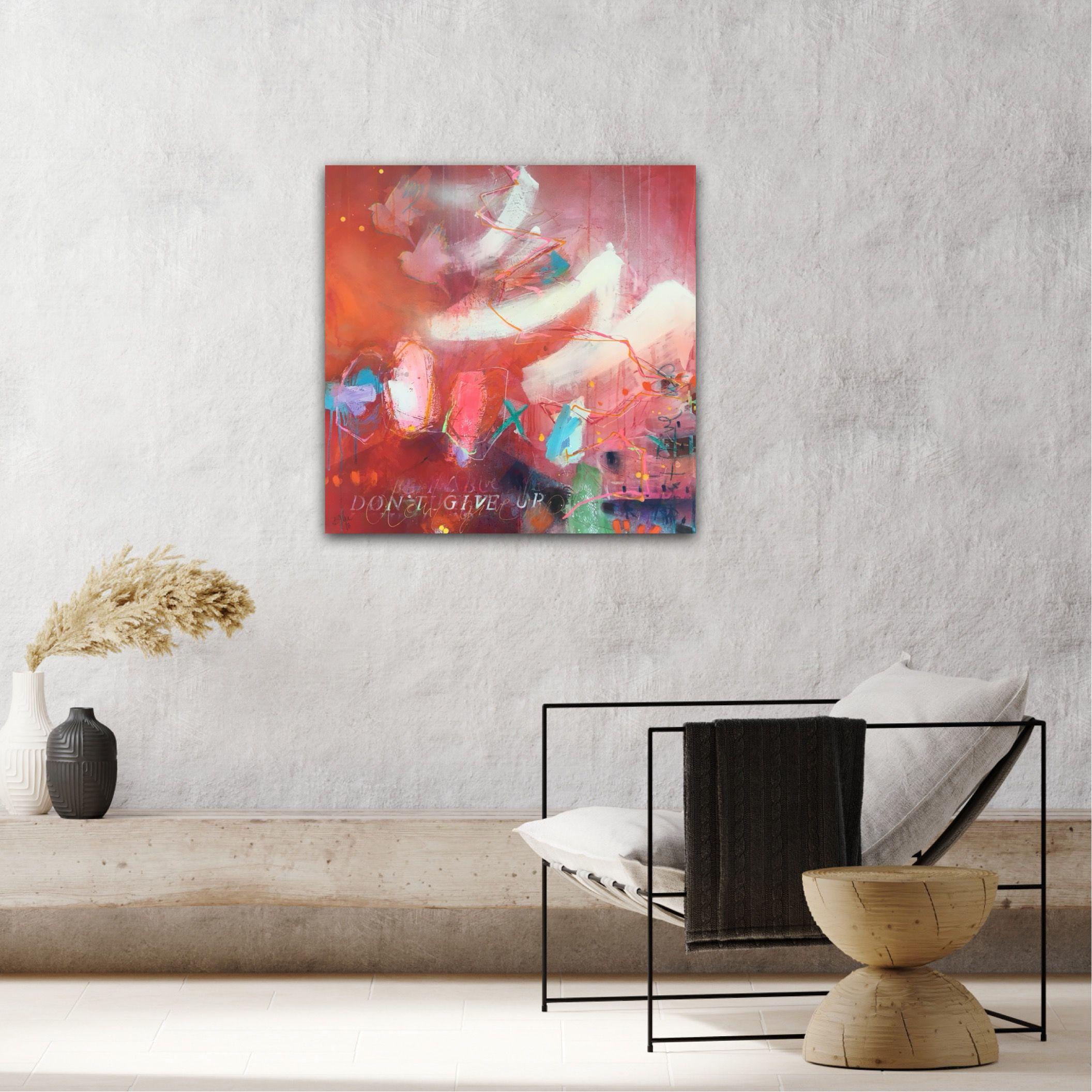   Don't give up is a 80 cm/31,5 in H x 80 cm/31,5 in, 3,8 cm/1,5 in deep mixed media painting.    This is a clear message: Inspired by the song text of Peter Gabriel 