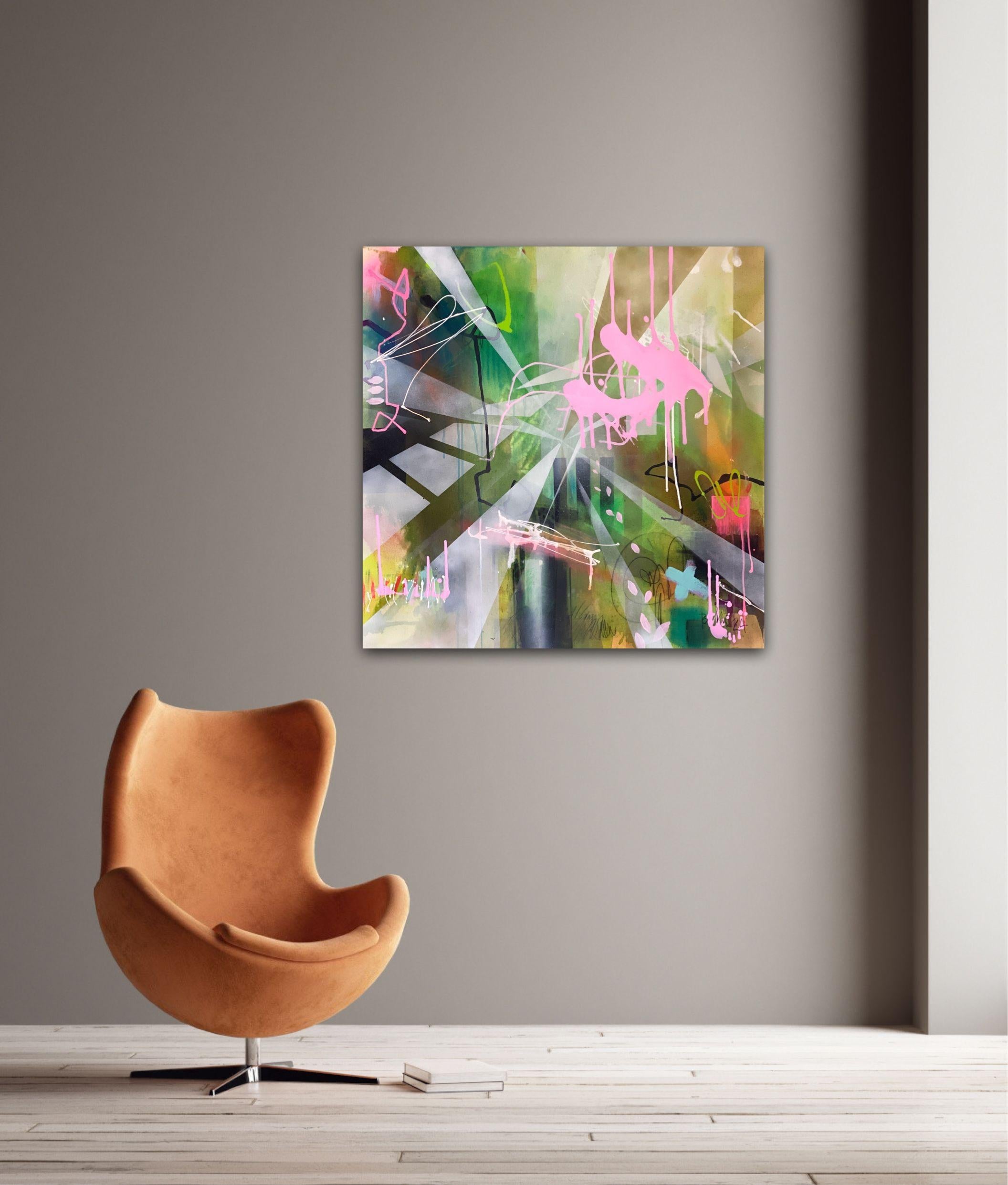 Dream green ist ein ausdrucksstarkes, abstraktes Gemälde mit den Maßen 80 cm (B) x 80 cm (H) und einer Tiefe von 1,4 cm (T). Das Gemälde ist in Mischtechnik (Acryl, Sprühfarbe, getropfte Acrylfarben, weiche Pastellfarben, Tinte) auf hochwertiger