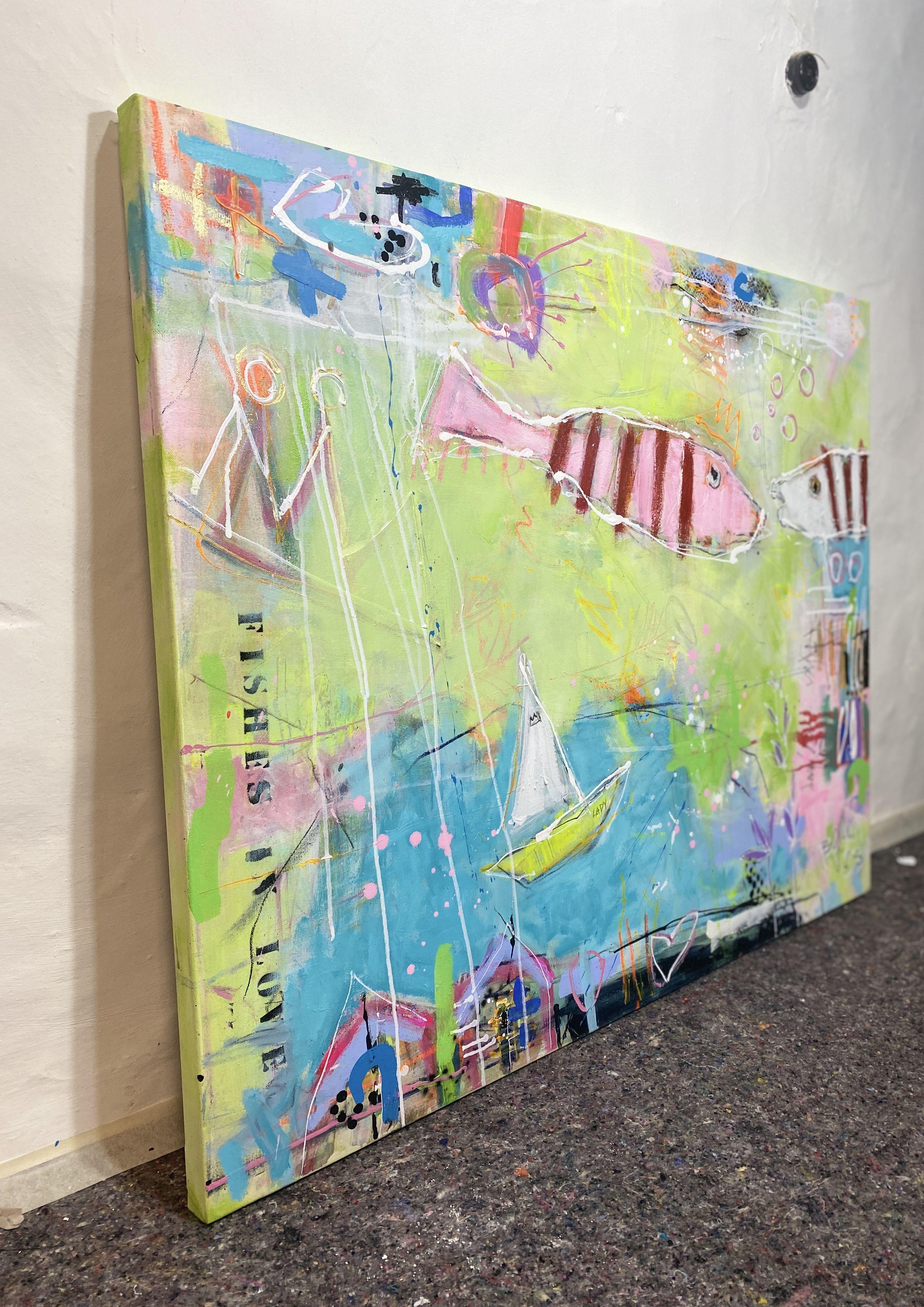     Acryl, Neonfarbe, Tinte, Pastellkreide auf Leinwand.  