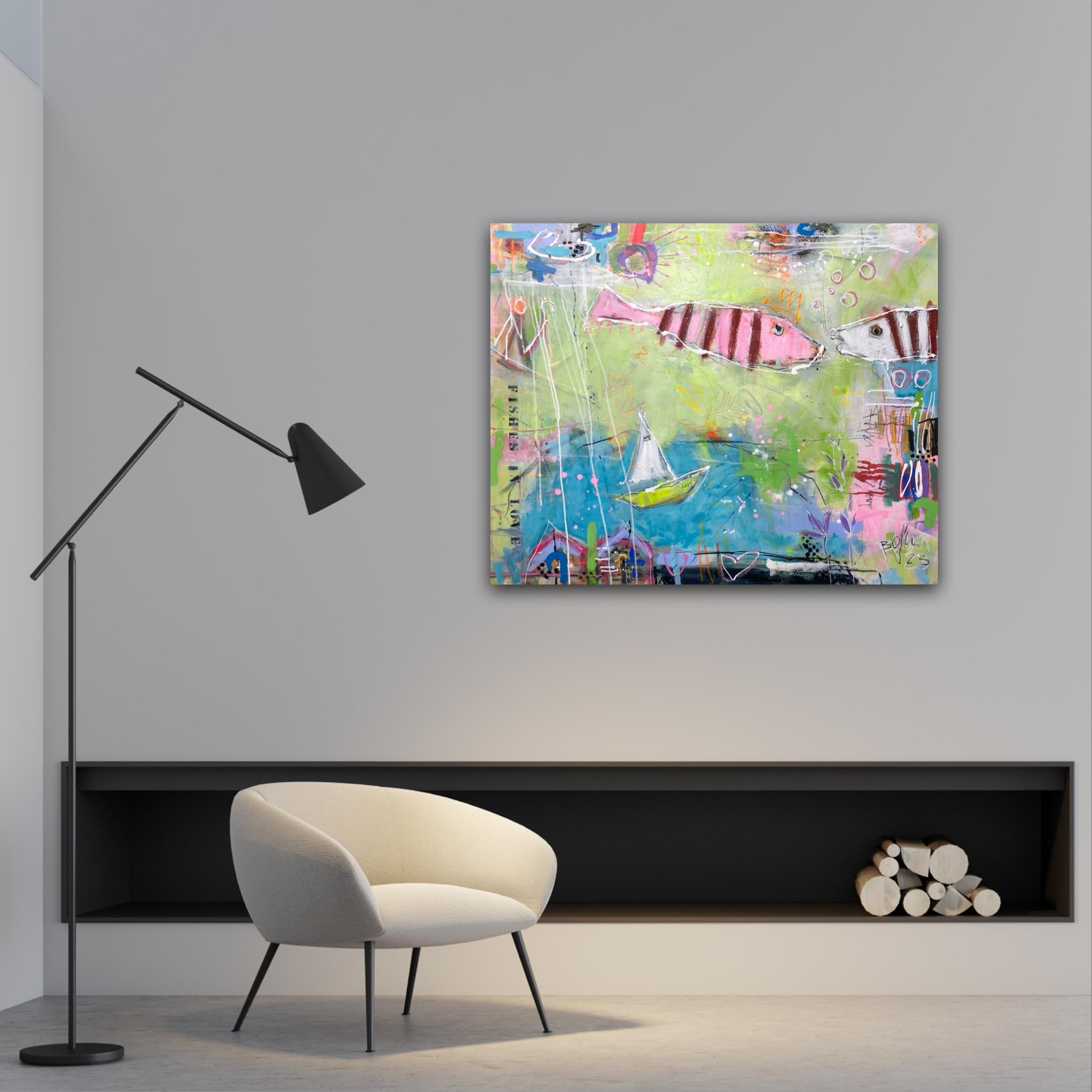 Fische in Love No.6, Gemälde, Acryl auf Leinwand im Angebot 2