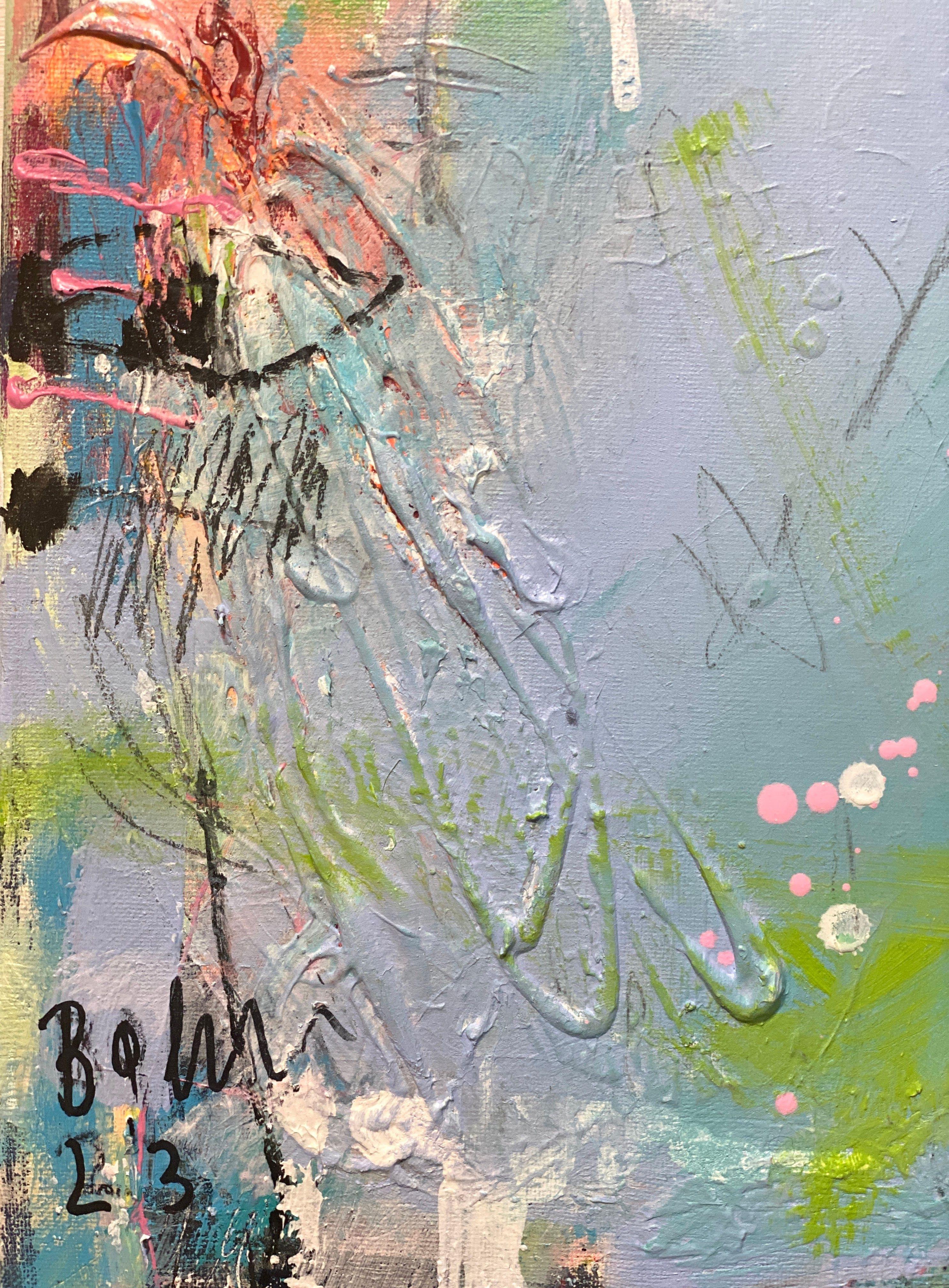 Acryl, Neonfarbe, Tinte, Pastellkreide auf Leinwand.  