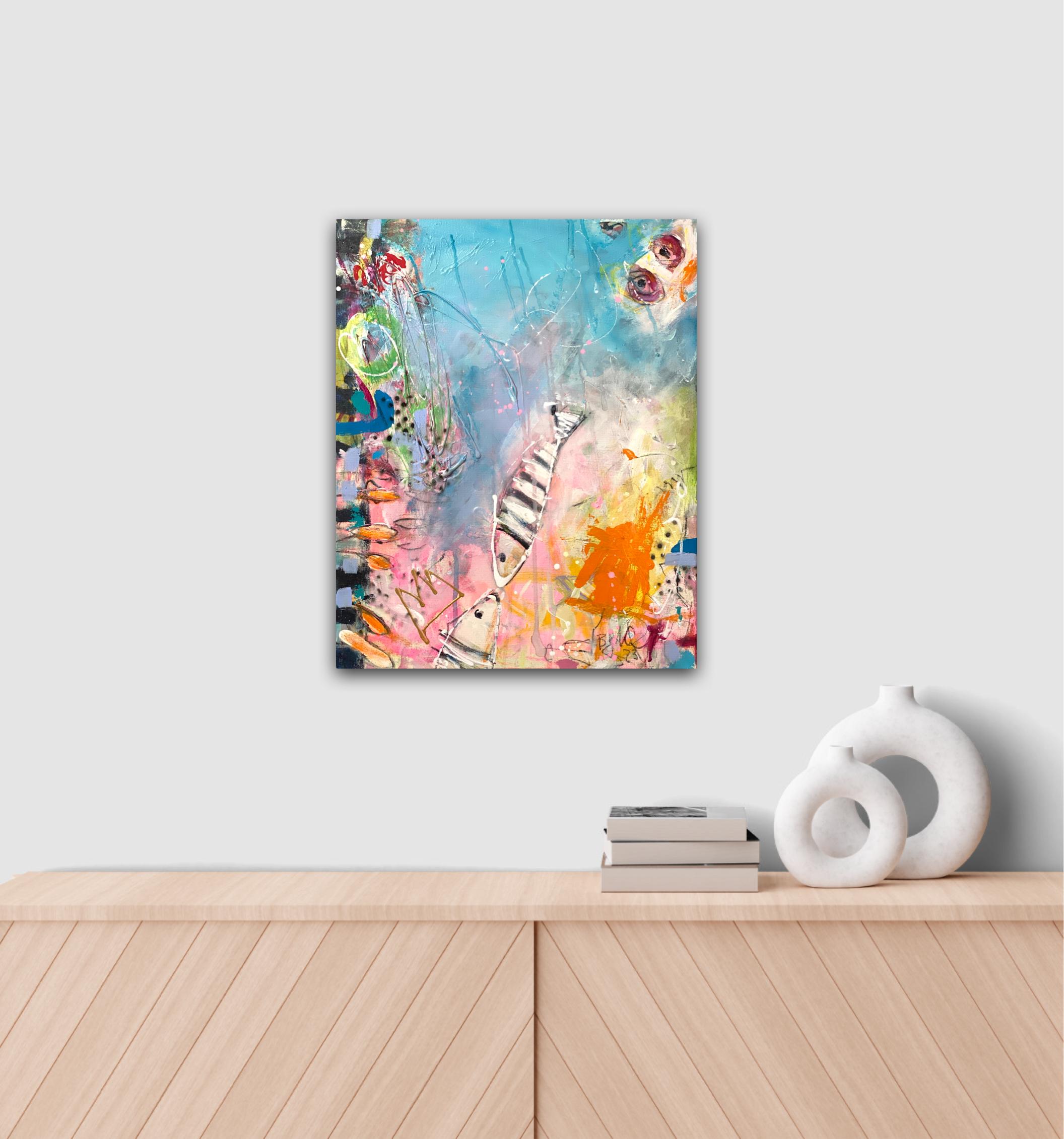 Acrilici, pittura al neon, inchiostro, pastelli su tela.  
