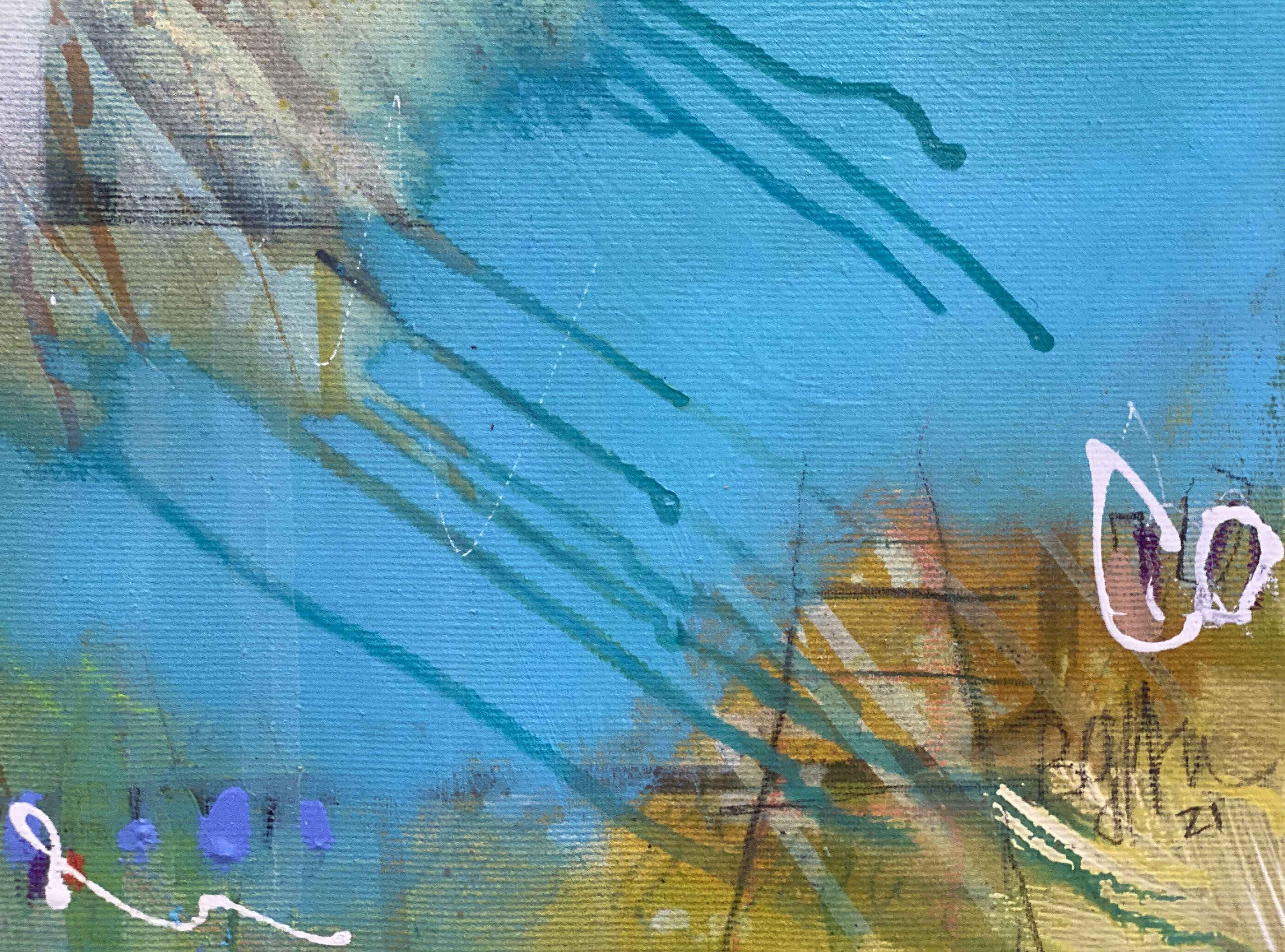 Acryl, Tinte, Neonpastellkreide, Sprühfarbe, Pastellkreide, auf Leinwand.  Fly me to the moon No.2 ist ein 40 cm/15.75 in H x 40cm/15.75 in B, 4 cm/1.5 in tiefes Gemälde in Mischtechnik.  Diese Serie trägt den Titel 