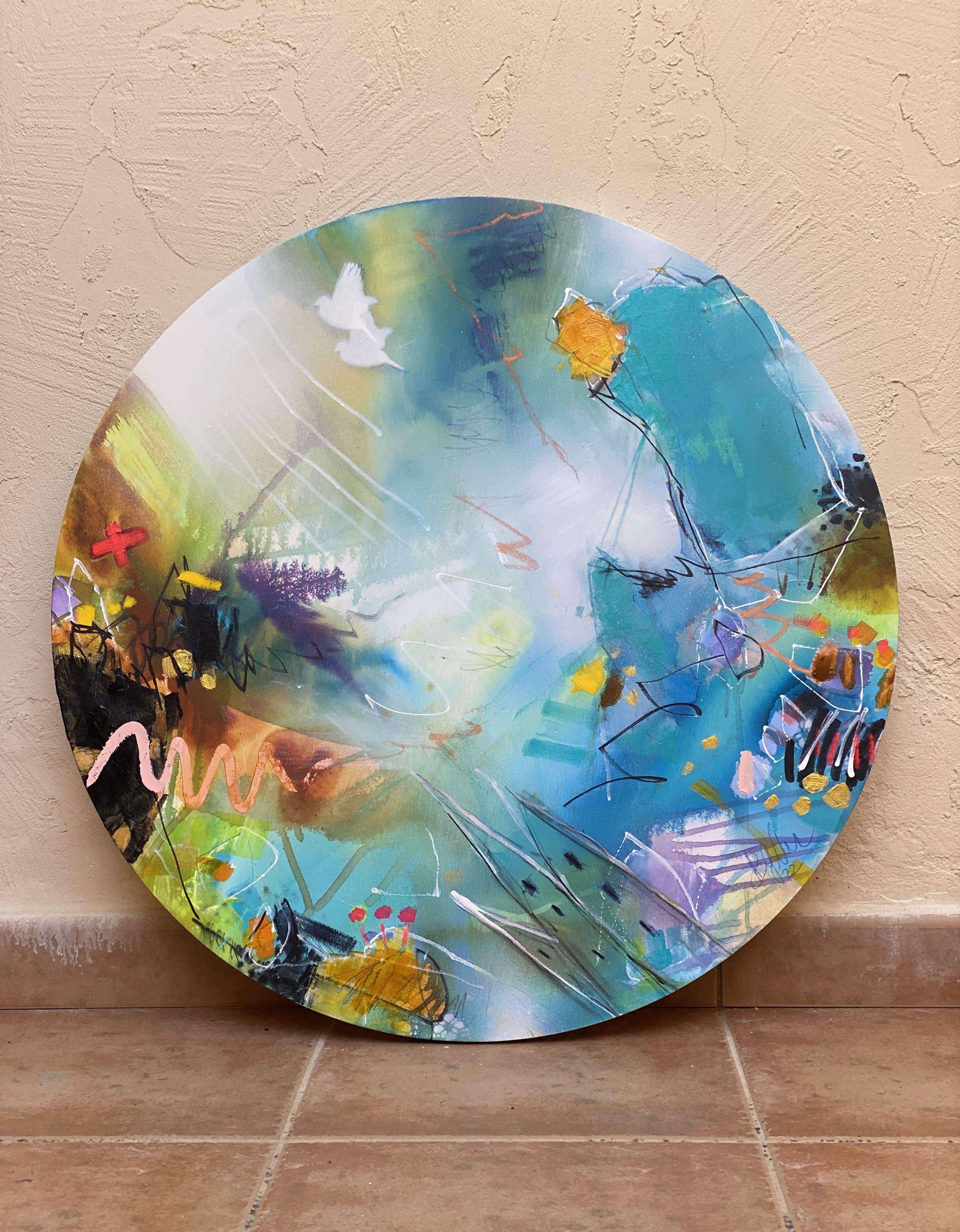 Acrylic, ink, neon pastels, Spray Paint, pastels, on Canvas.  Flying Home No.7 is a 70 cm diameter and 1,4 cm/0.7 in deep mixed media painting.  The round canvas makes this artwork very special.  Fine fluid layers create a mystical atmosphere.  This