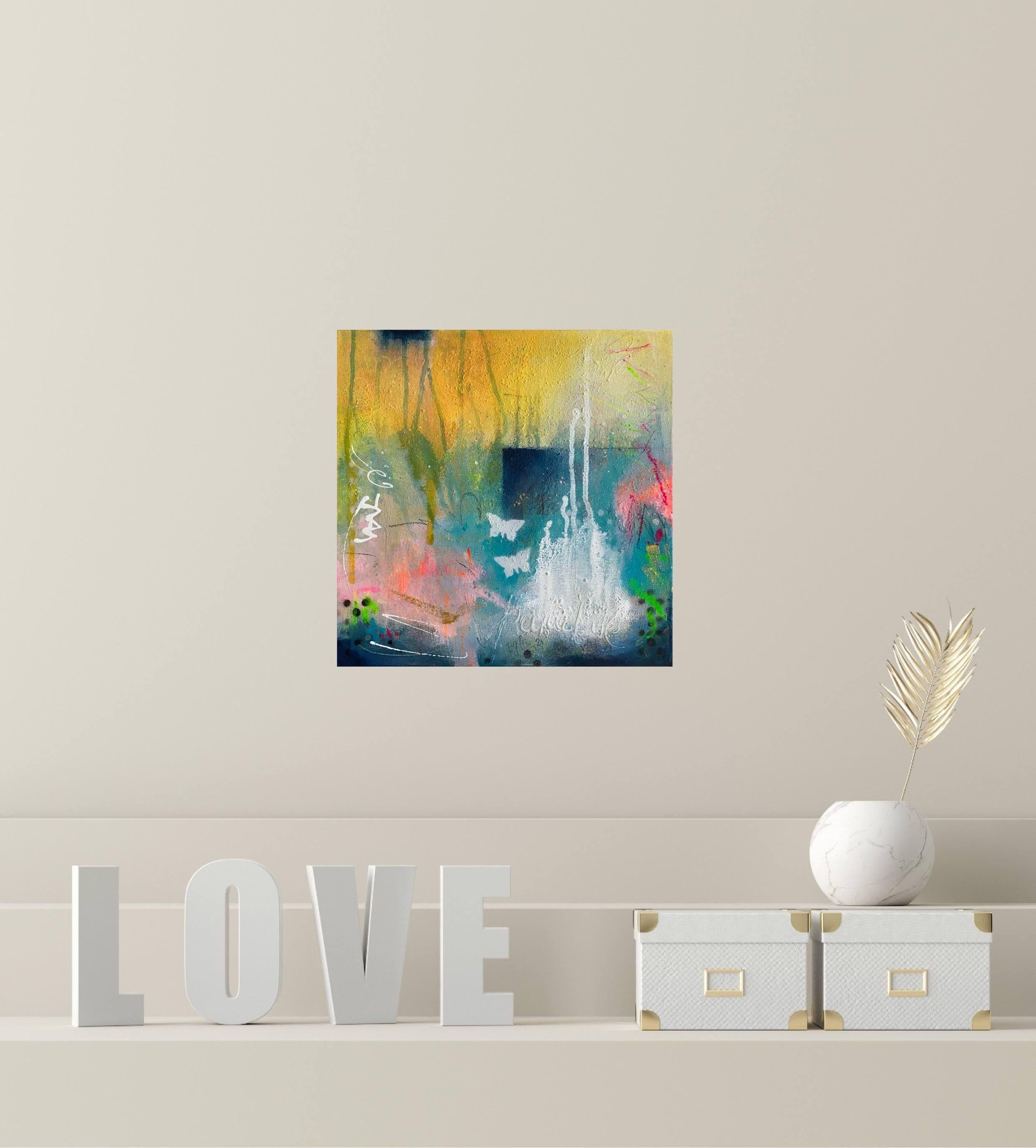 Acryl, Tinte, Neonpastellkreide, Sprühfarbe, Pastellkreide, auf Leinwand.  Sehnsucht nach dem Paradies Nr. 1 ist ein Gemälde in Mischtechnik mit den Maßen 30 cm (H) x 30 cm (B) und 3,8 cm (T).  Diese  Die Serie trägt den Titel 