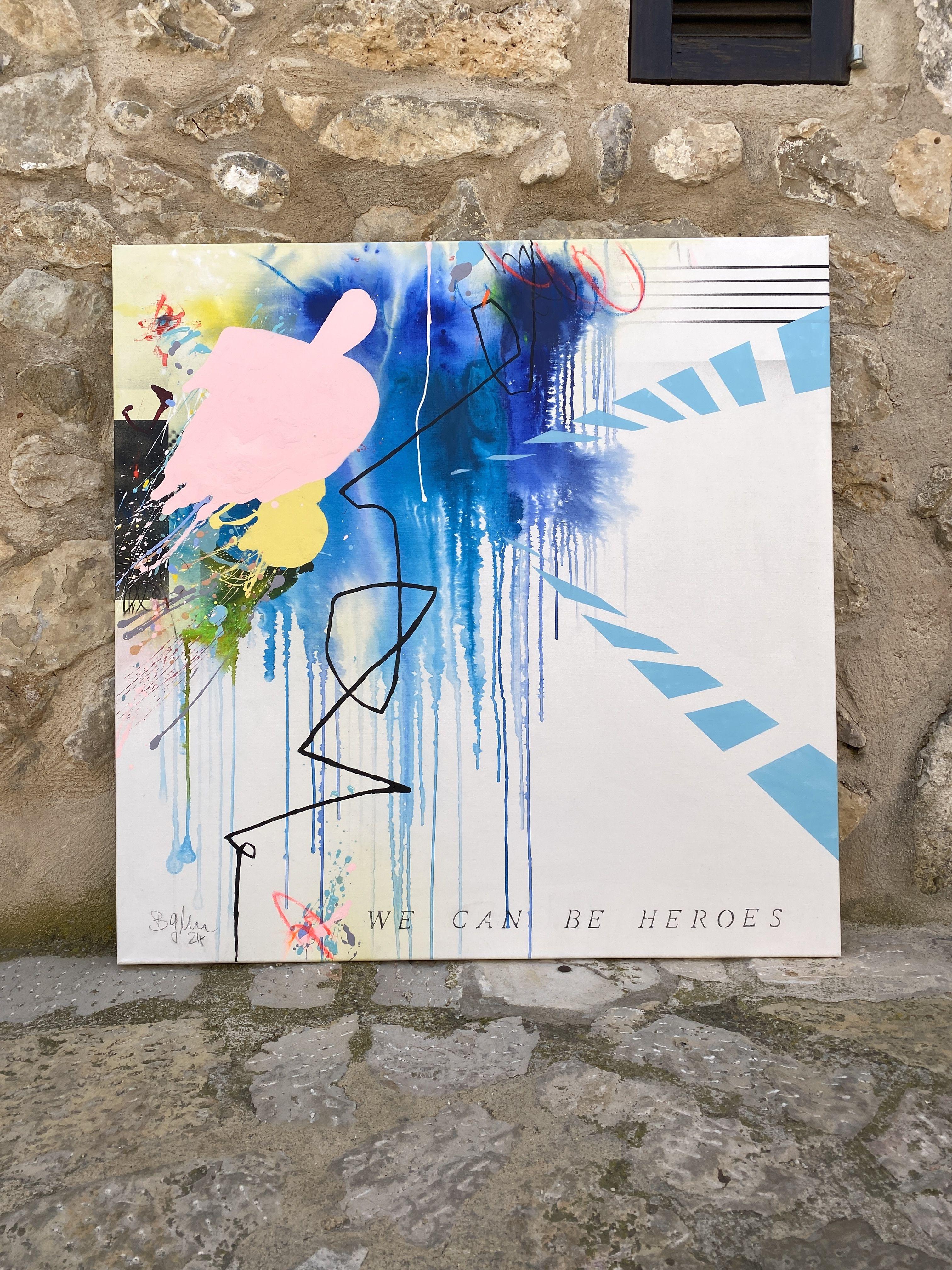     We can be heroes ist ein ausdrucksstarkes Gemälde (Acryl, Tinte, Sprühfarbe, Pastellkreide) auf hochwertiger Leinwand.  Das Gemälde ist 120 cm/47,24 in B, 120cm/47,24 in H und 1,5 cm/0.56 in tief.  Es ist zum Schutz vor UV-Licht und Staub